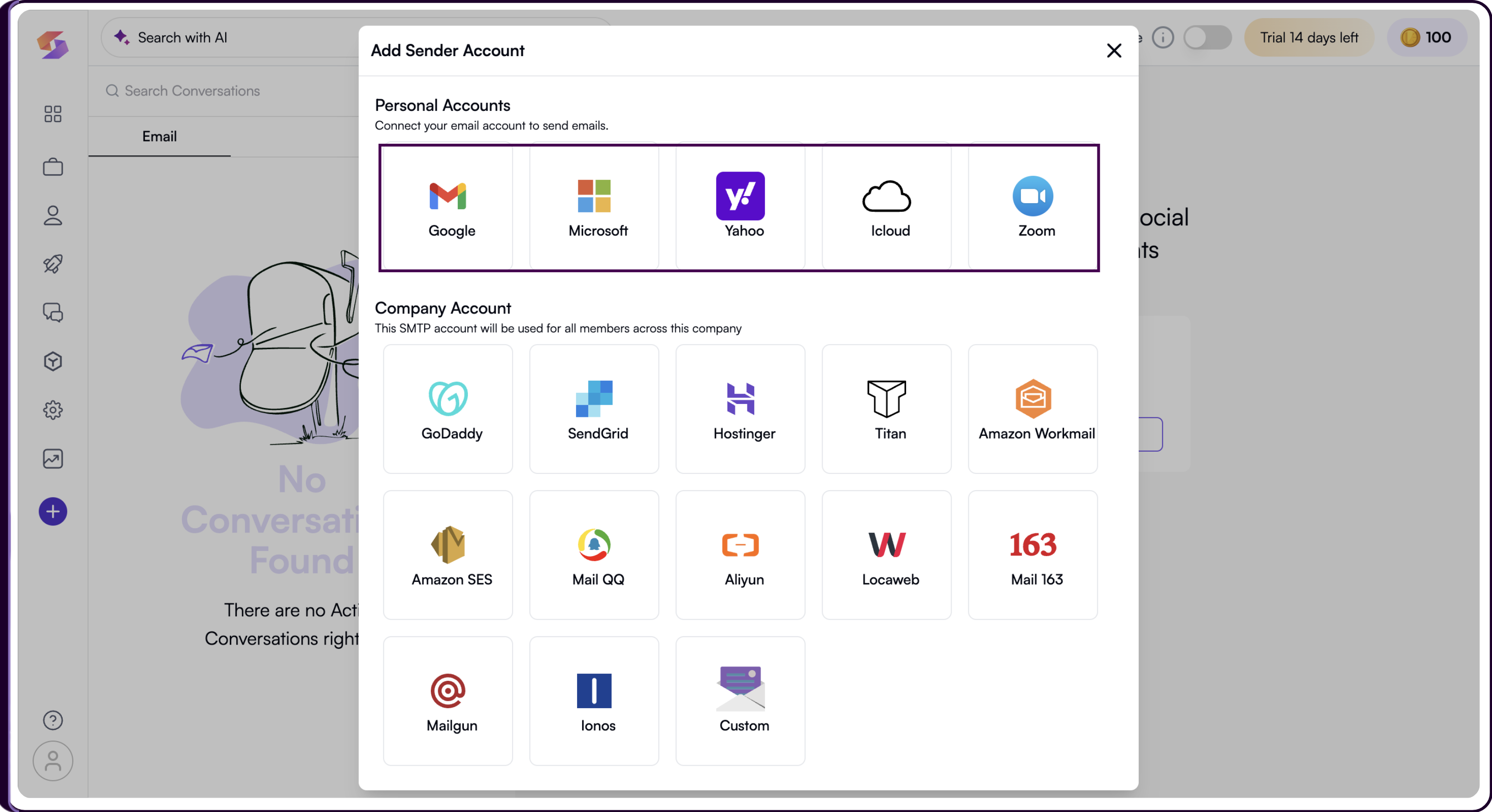 Email provider selection screen showing Gmail, Outlook, and other supported providers