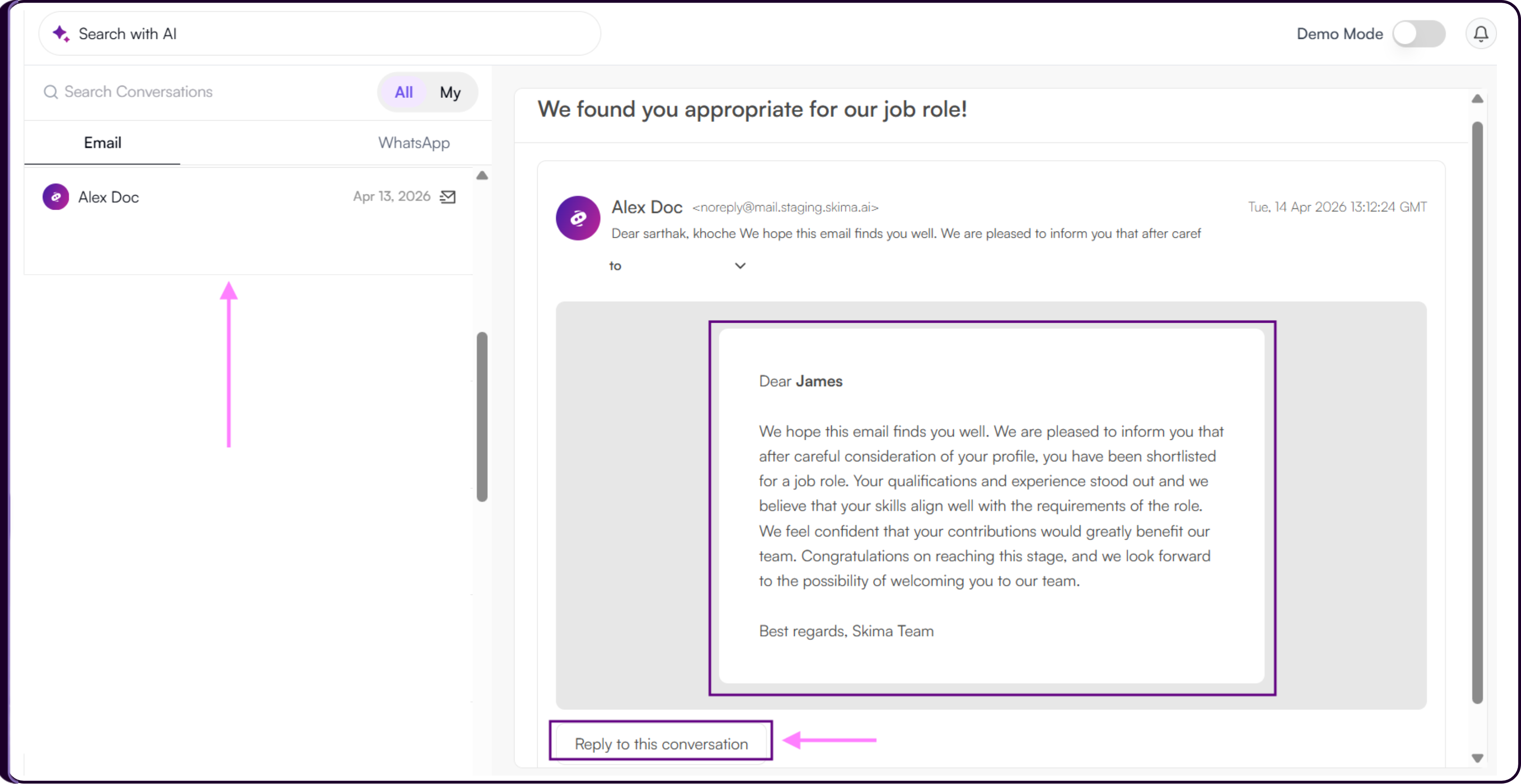 Conversations dashboard showing connected email with candidate email threads from campaigns