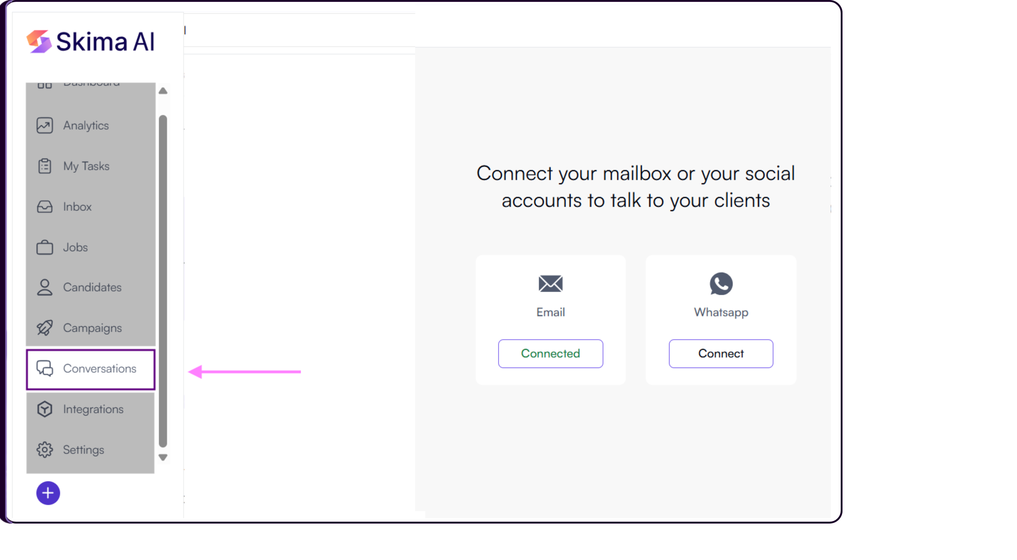 Skima AI dashboard showing the Conversations tab in the left navigation