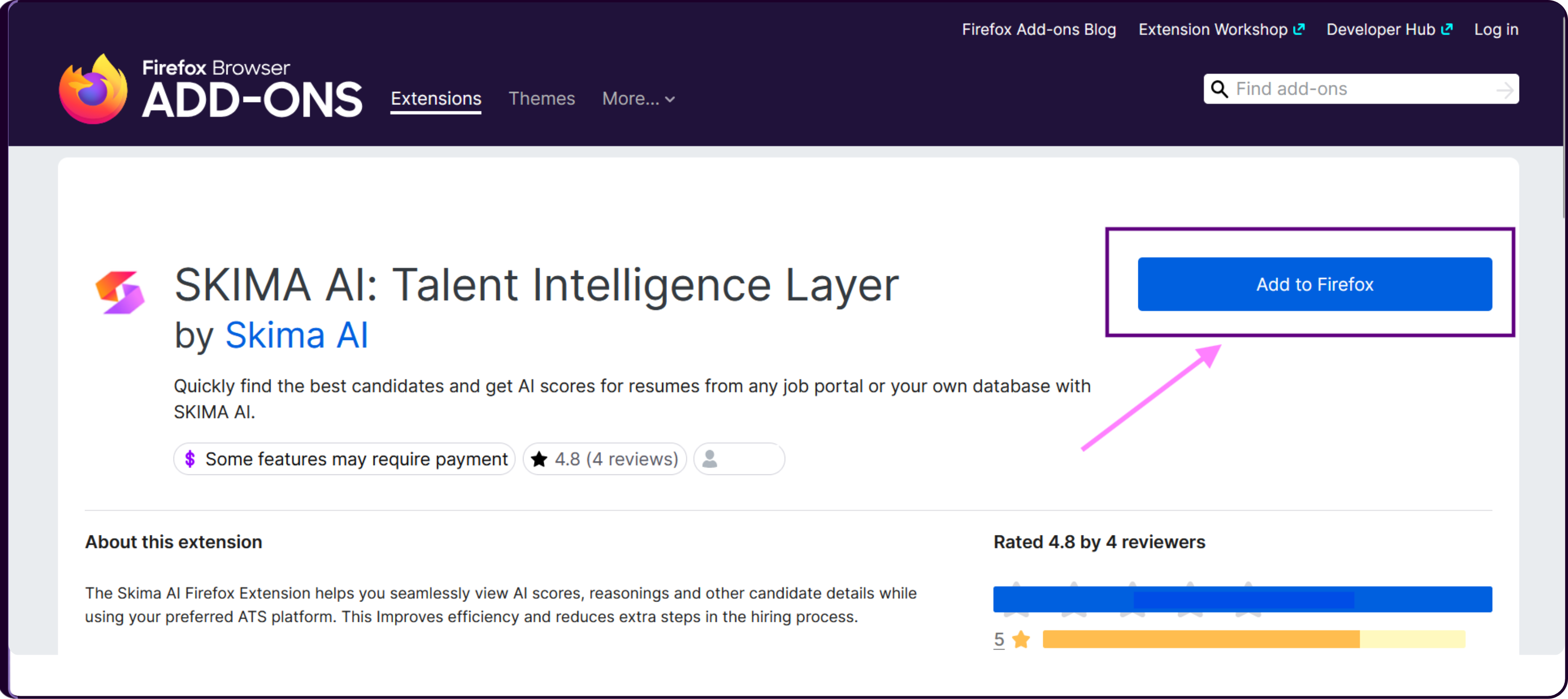Skima AI extension listing in the Firefox Add-ons store