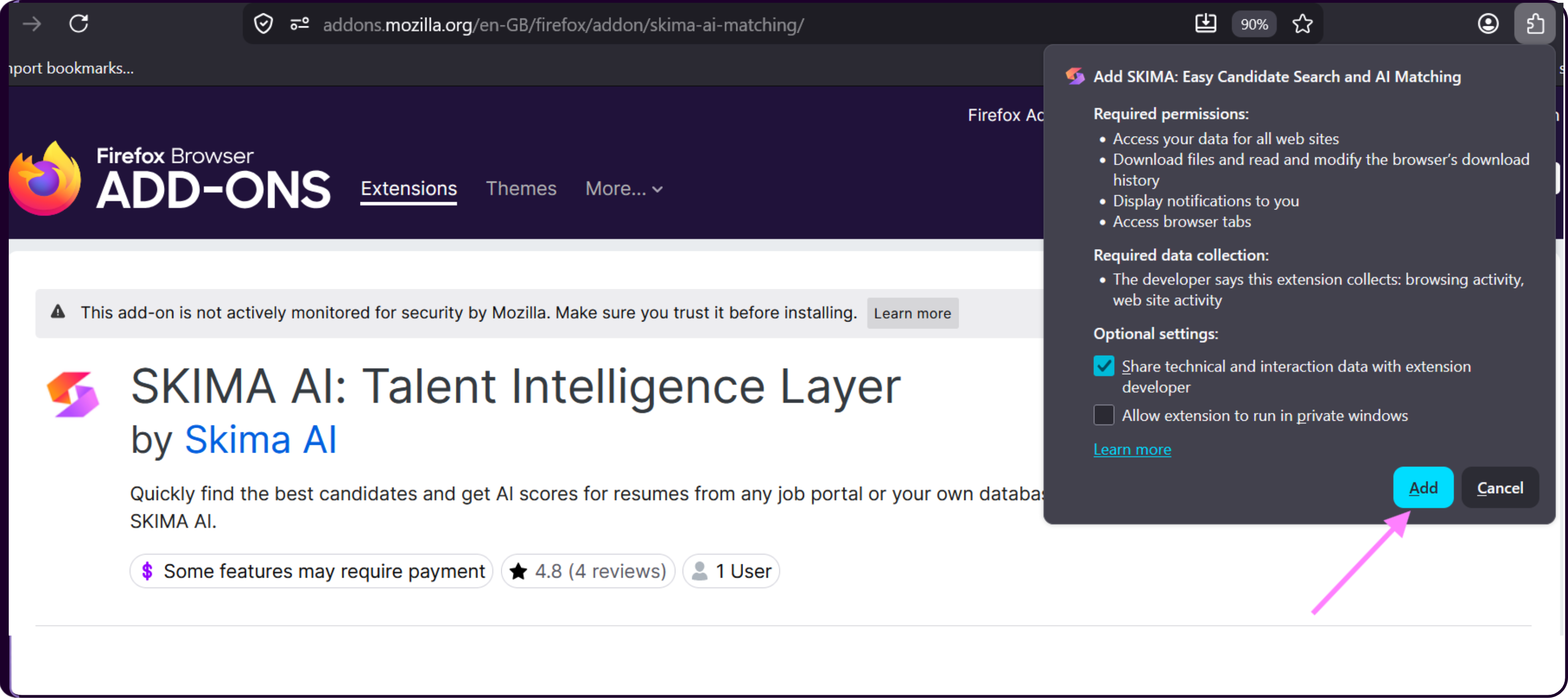 Firefox extension permissions popup with Add to Firefox confirmation dialog for Skima AI