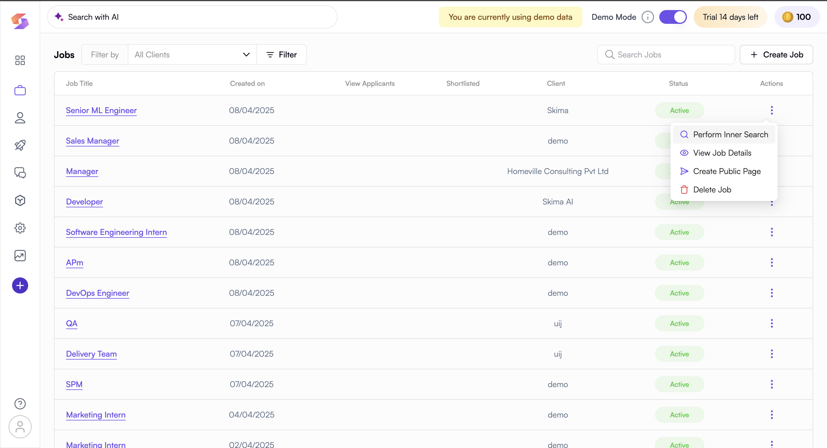 Jobs section in Skima AI left sidebar navigation