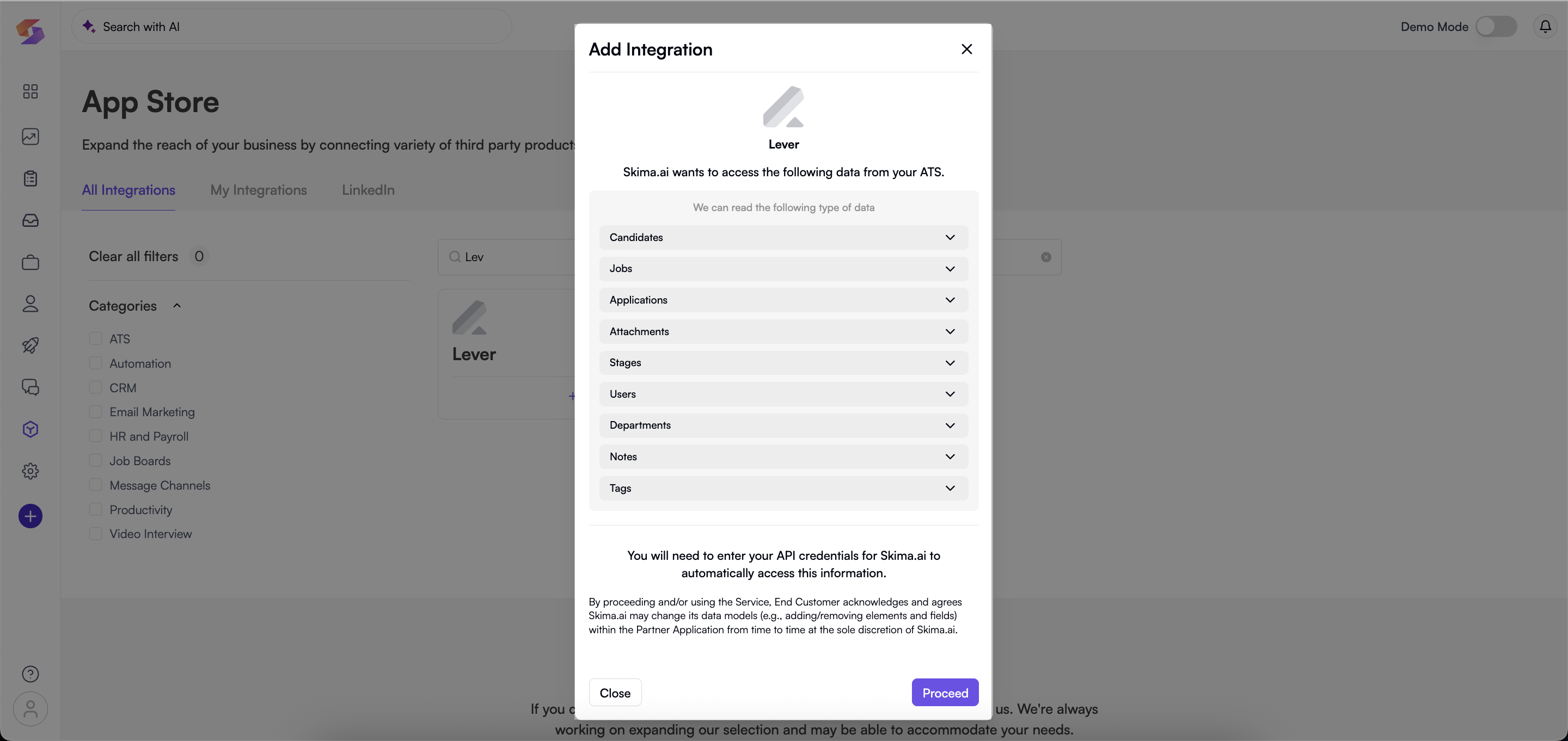 Lever integration permissions review screen showing required data access with Proceed button