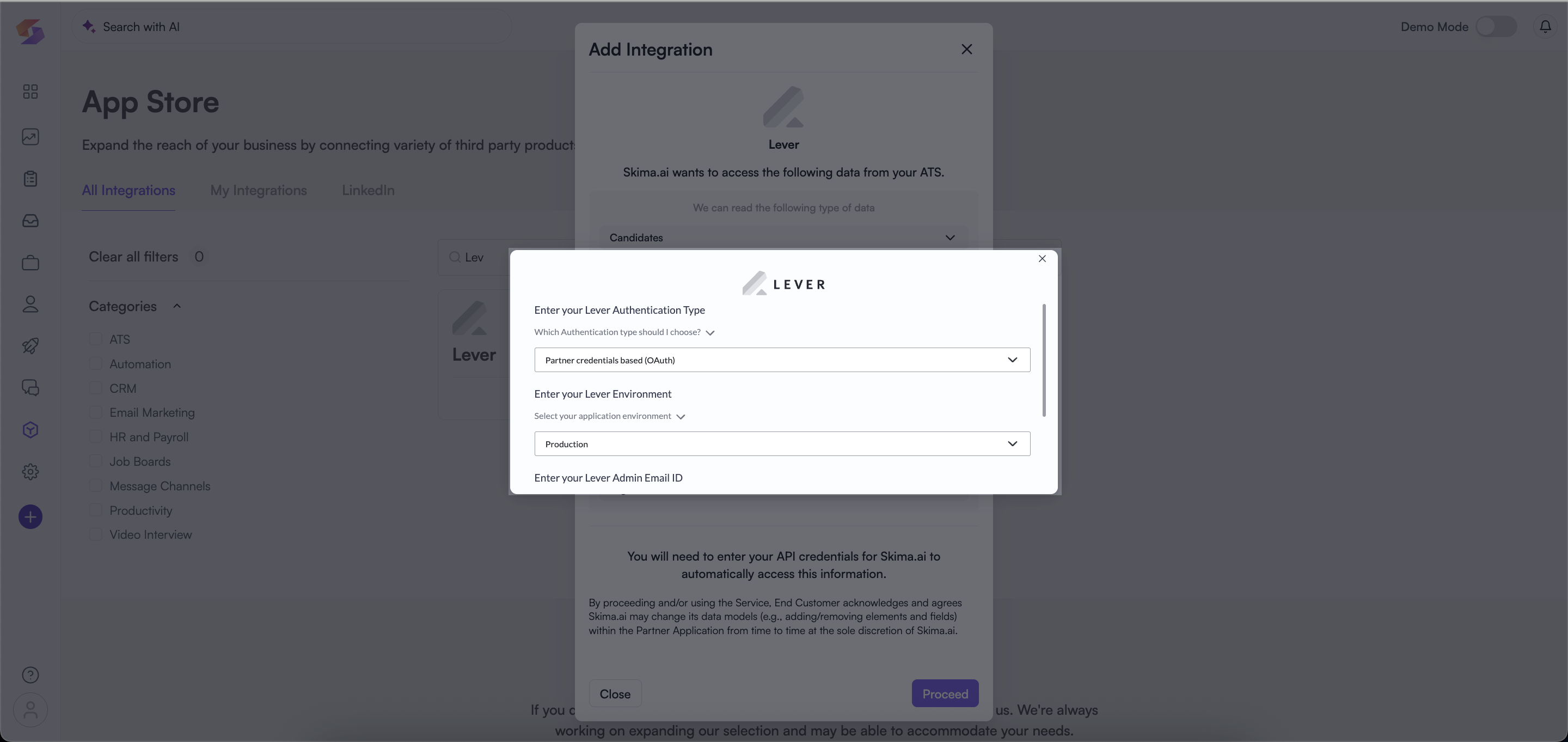 Lever credentials entry form showing admin email, authentication type, and environment fields