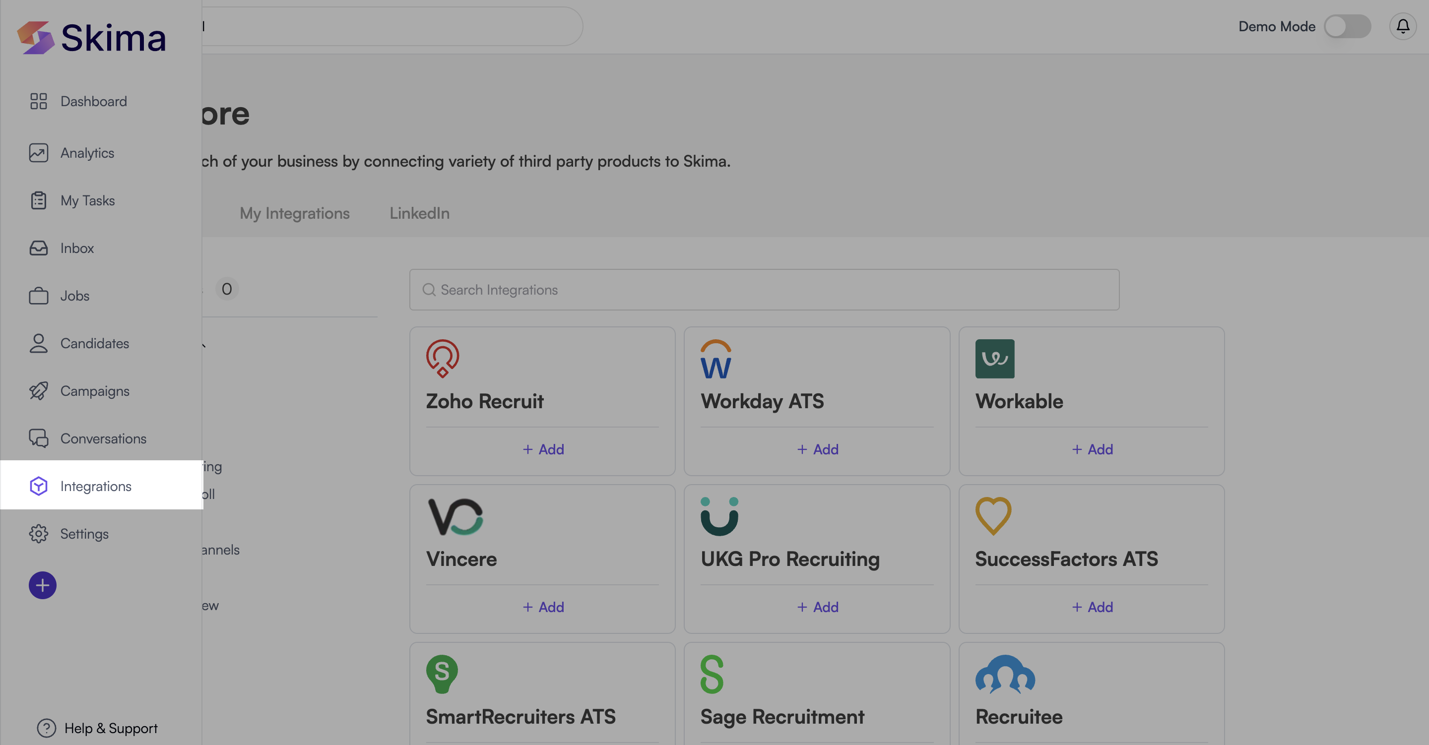 Skima AI Integrations page in the left sidebar navigation