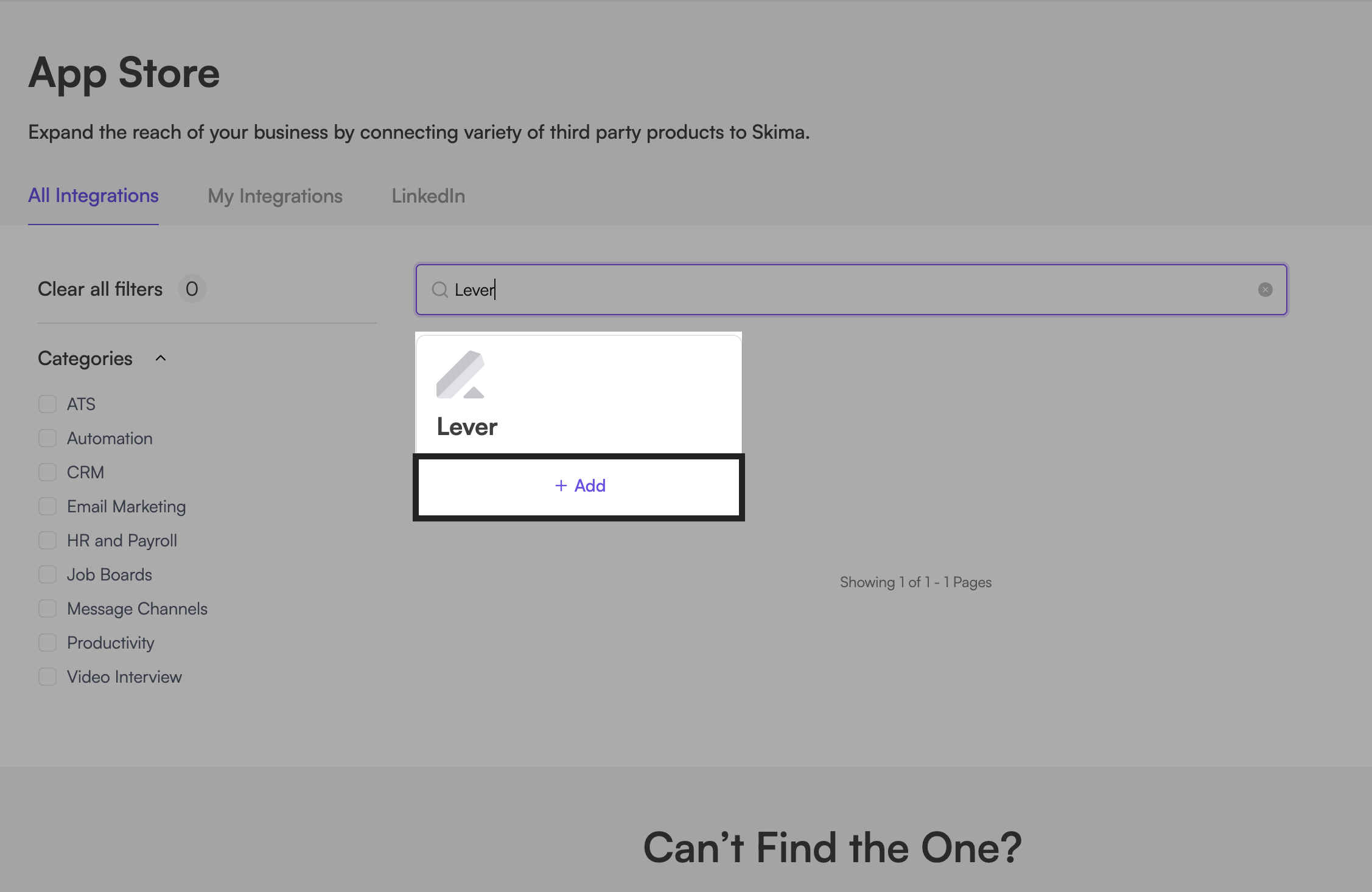 Lever integration card in Skima AI with Add button to begin setup
