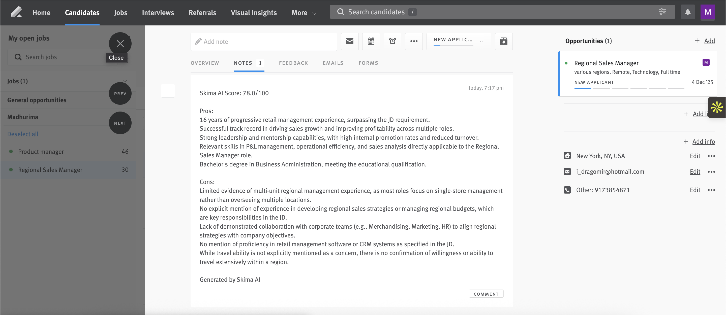 Lever activity timeline showing Skima AI matching analysis notes pushed back to Lever