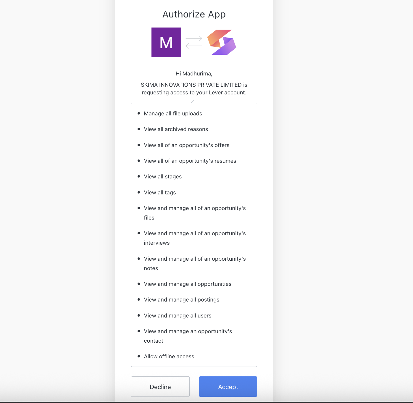 Lever authorization screen asking to accept Skima AI access permissions