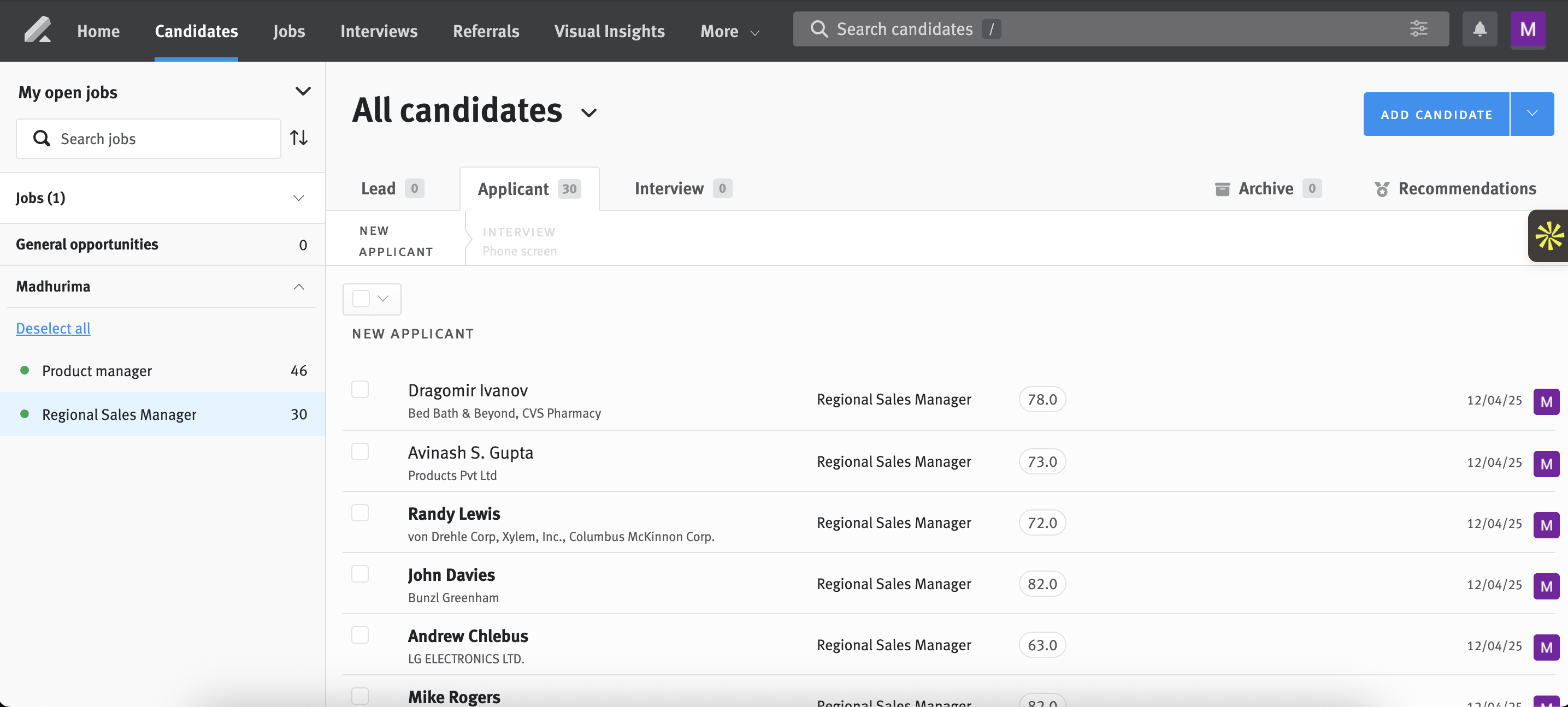 Skima AI candidate view showing Lever-synced candidates with AI scores and update push-back options