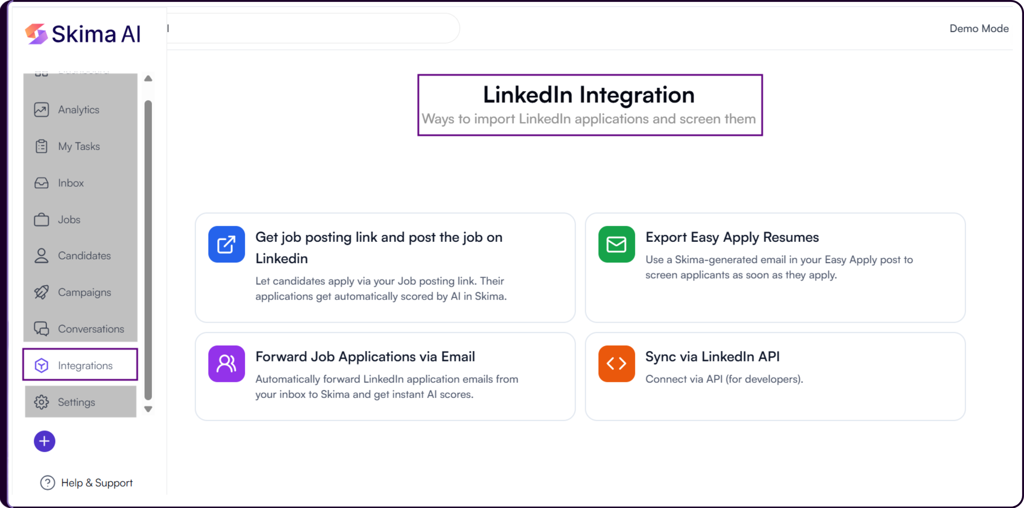 LinkedIn Integration settings page showing integration options including job posting link, Easy Apply, email forwarding, and API sync