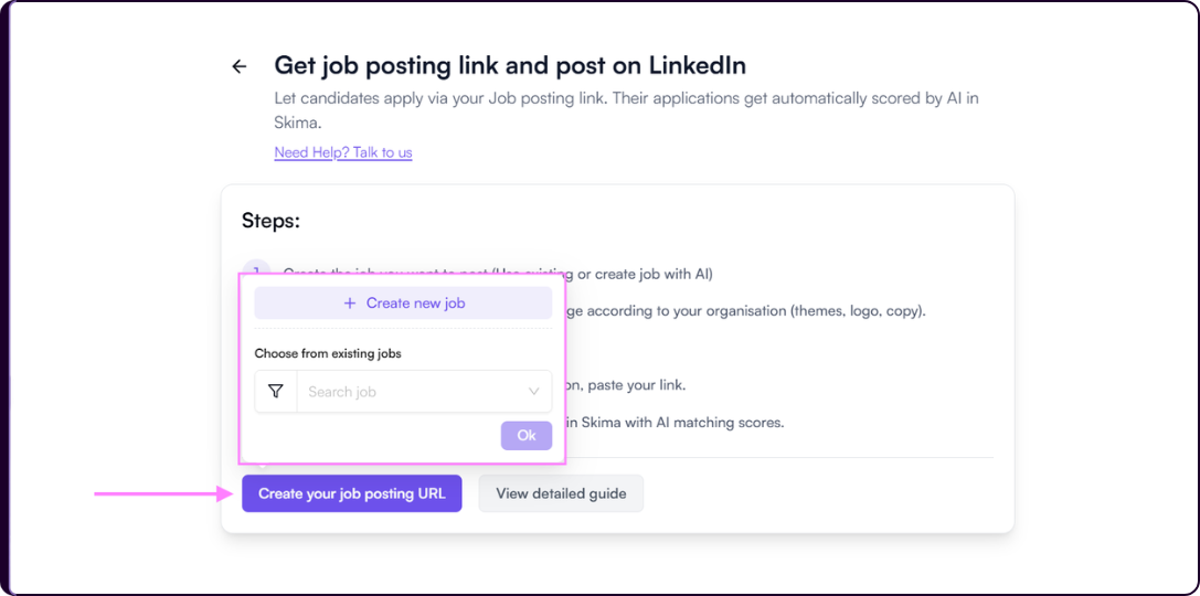 Job creation modal for generating a LinkedIn public job posting URL in Skima AI
