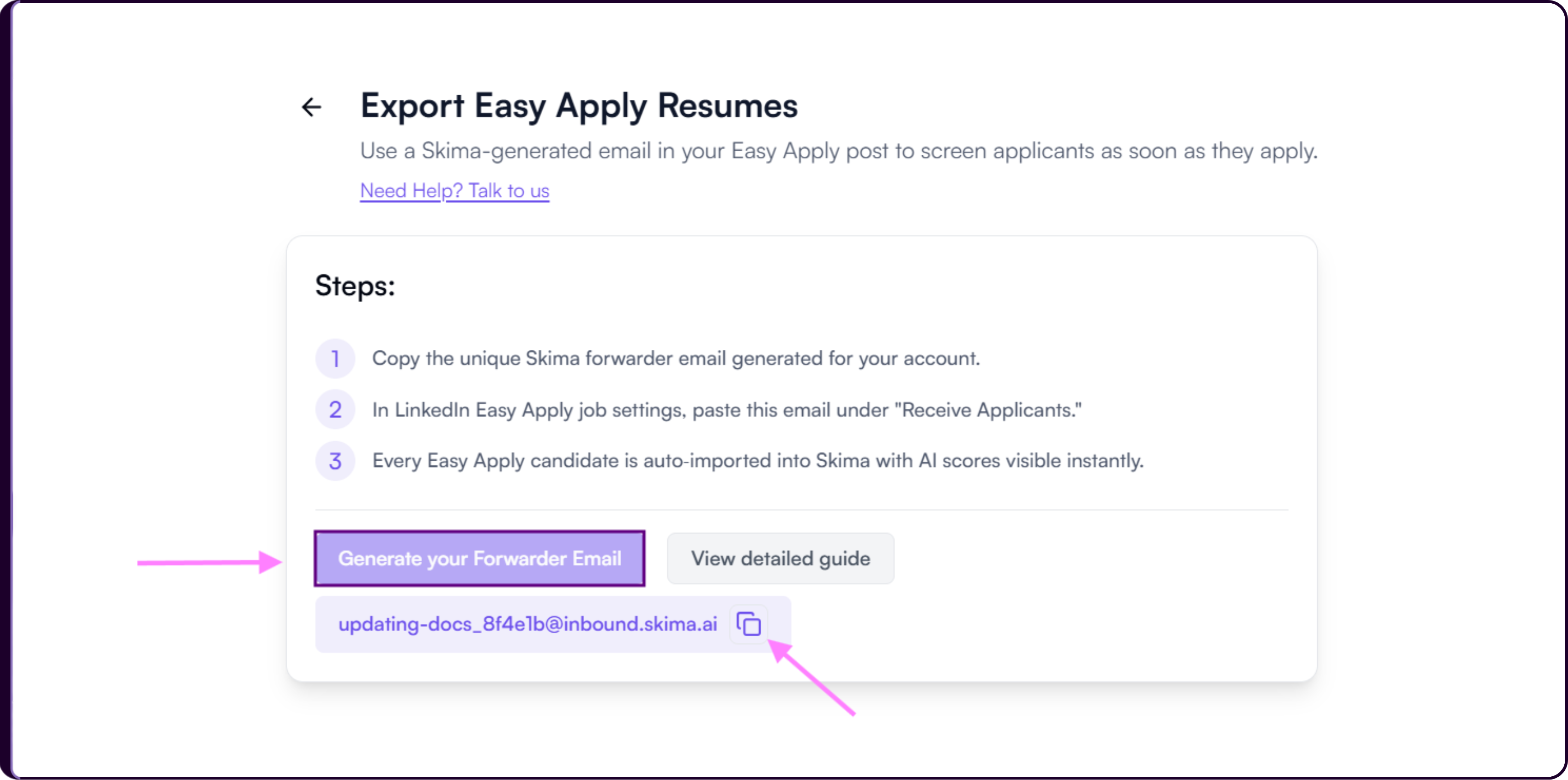 LinkedIn Easy Apply setup showing the Generate Forwarder Email button in Skima AI