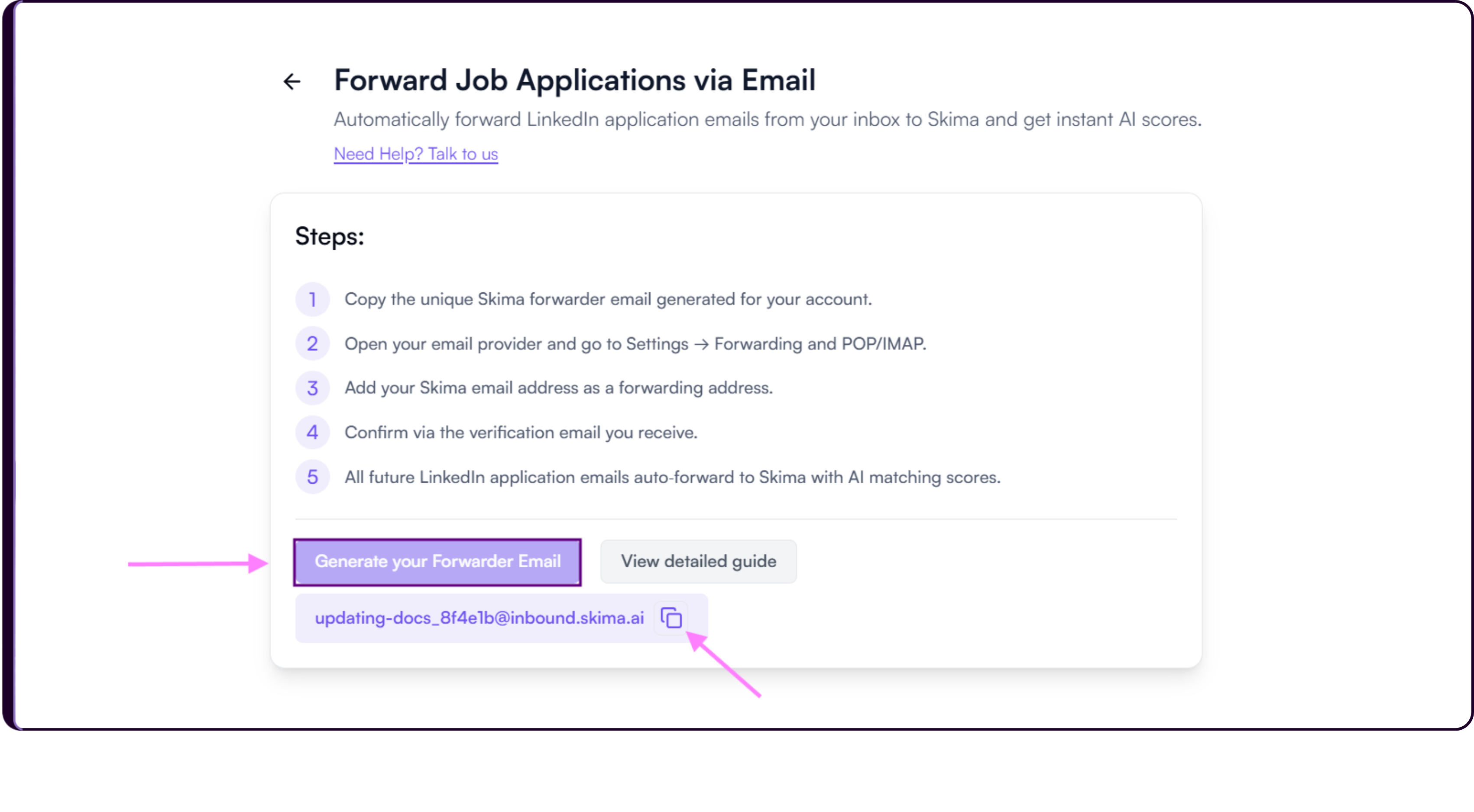 LinkedIn Integration settings showing the Forward Job Applications via Email option with Generate Forwarder Email button