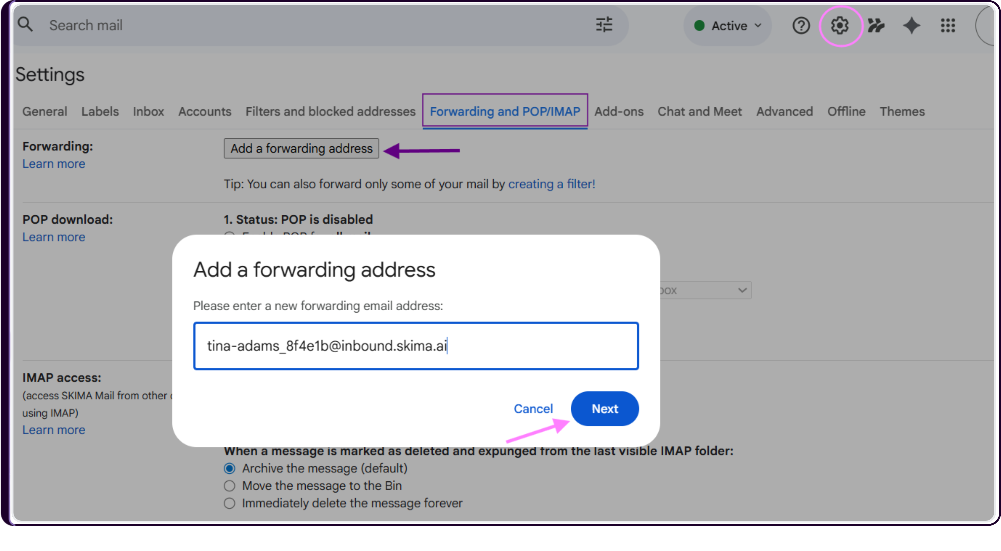 Gmail Forwarding and POP/IMAP settings showing the Add a Forwarding Address option