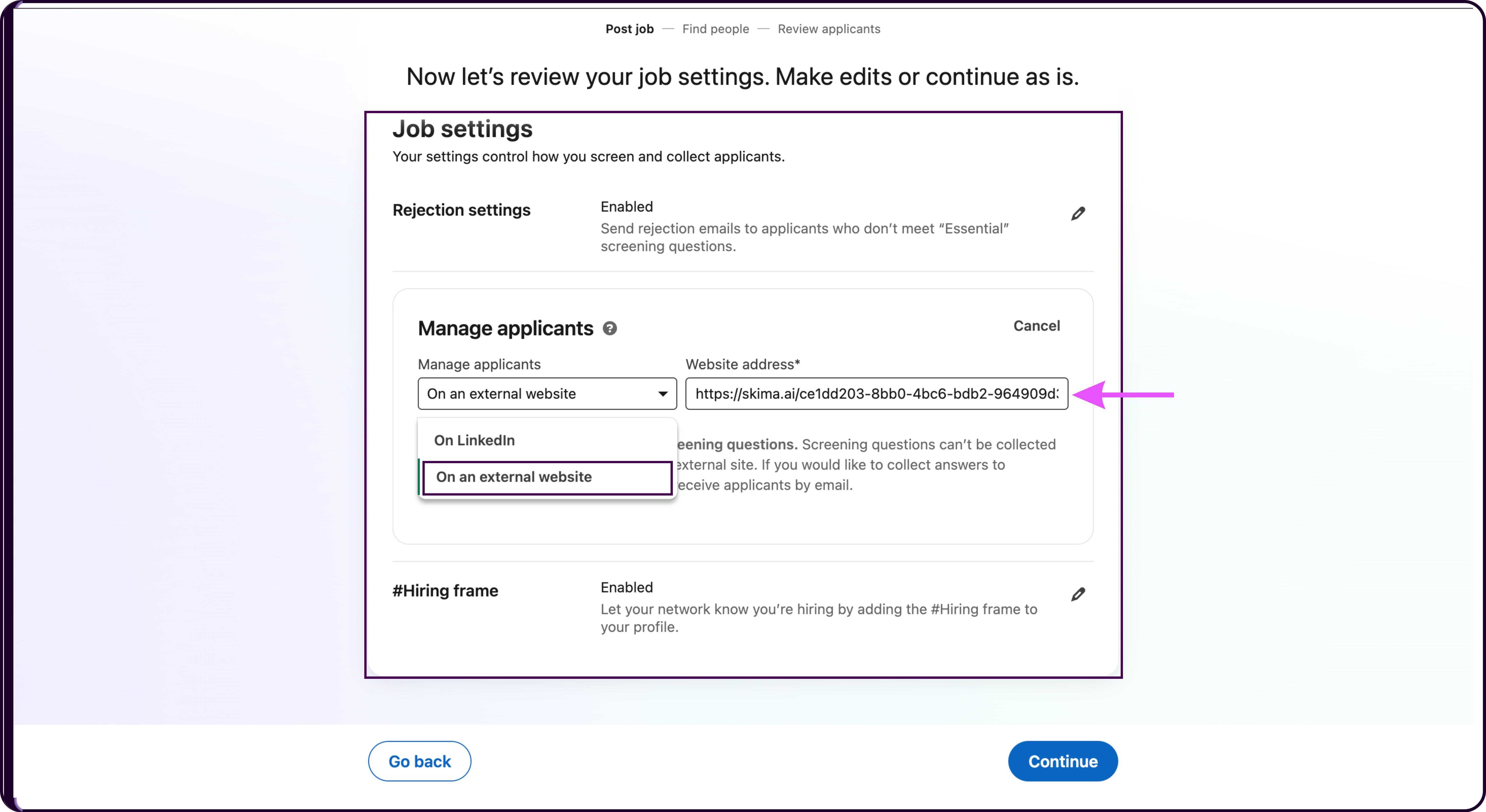 LinkedIn job post settings showing the Manage Applicants section with On External Website option