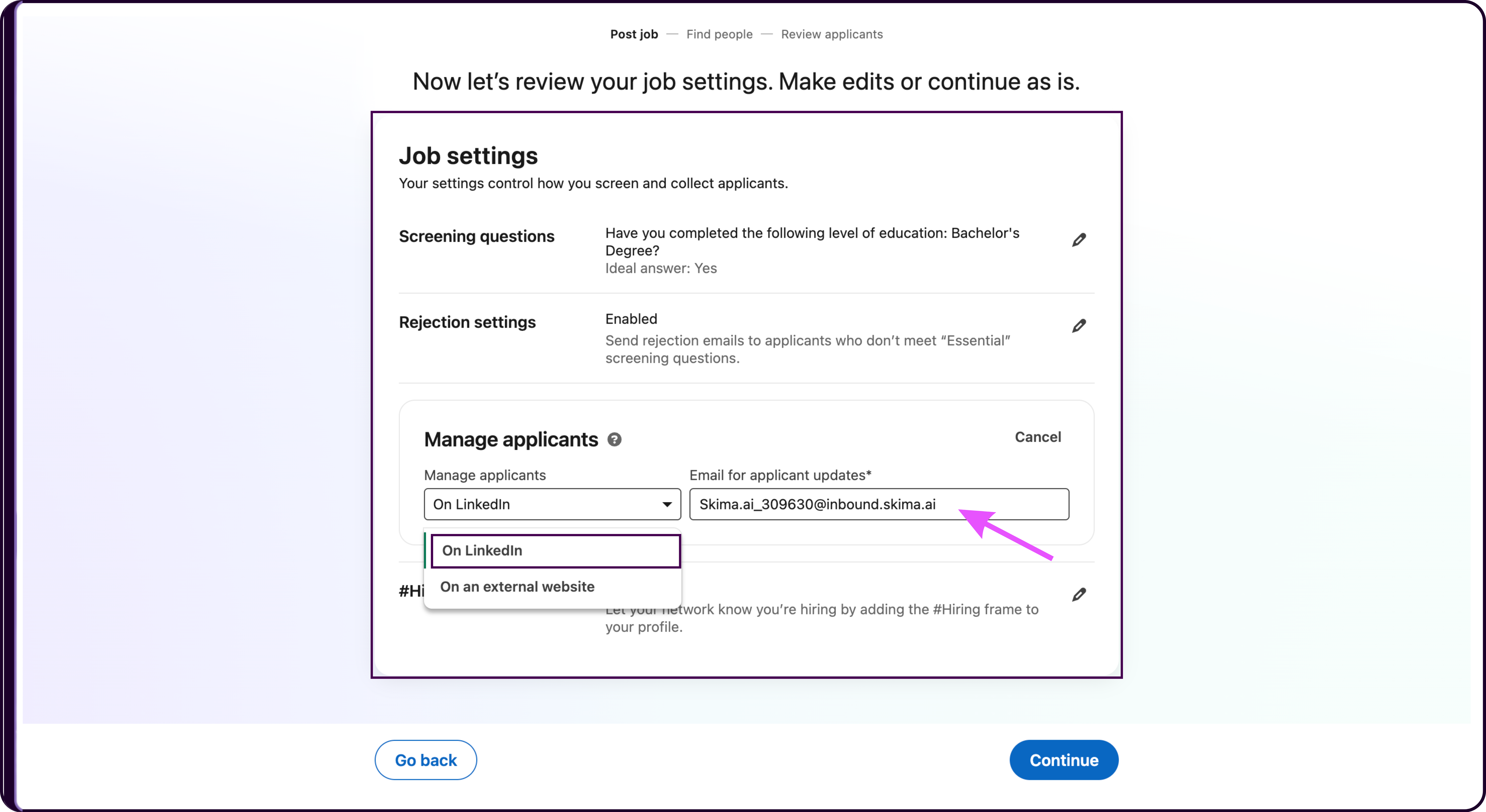 LinkedIn job settings showing the Email for Applicant Updates field under Manage Applicants