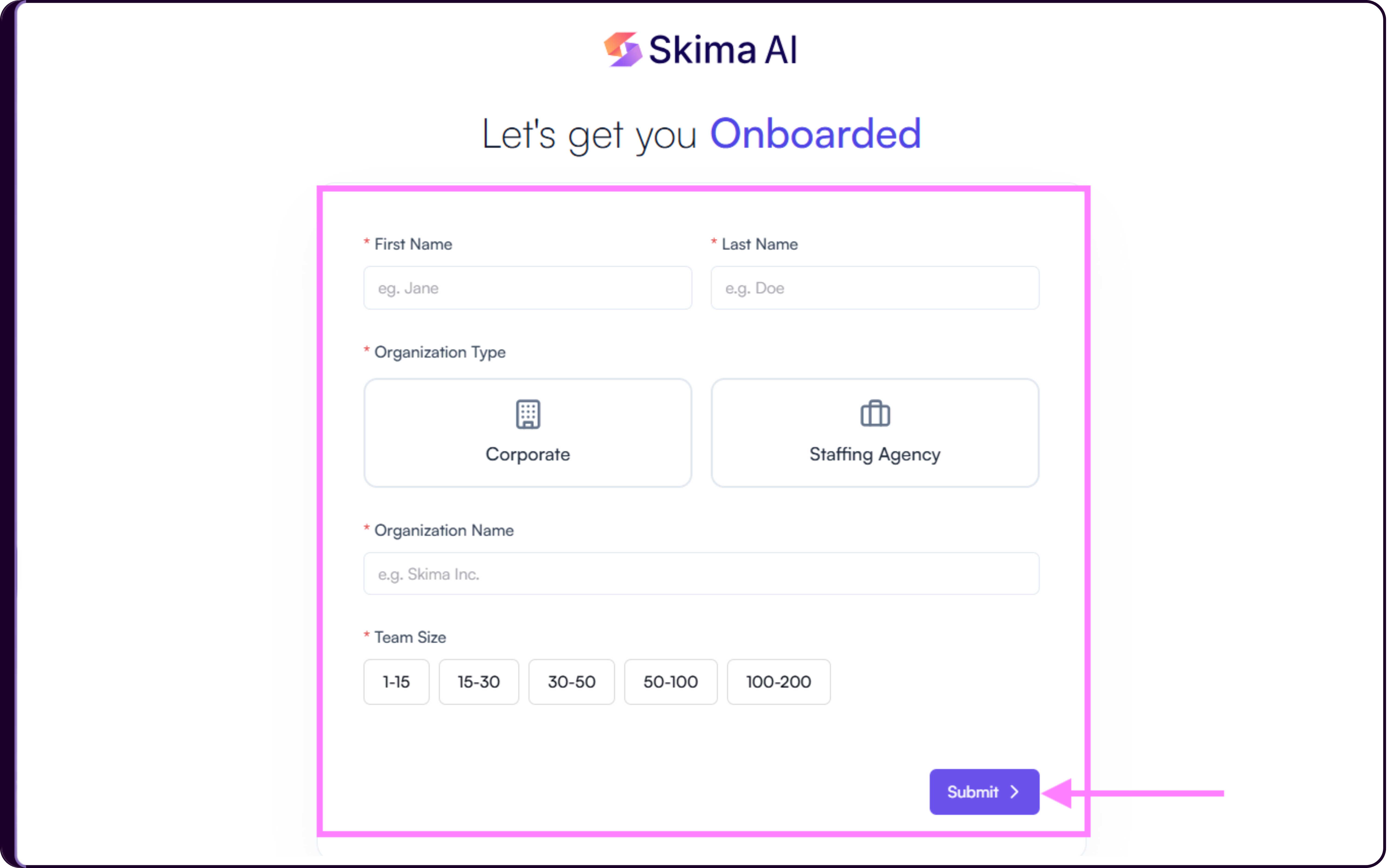 Onboarding basic information form with fields for first name, last name, organization type, organization name, and team size