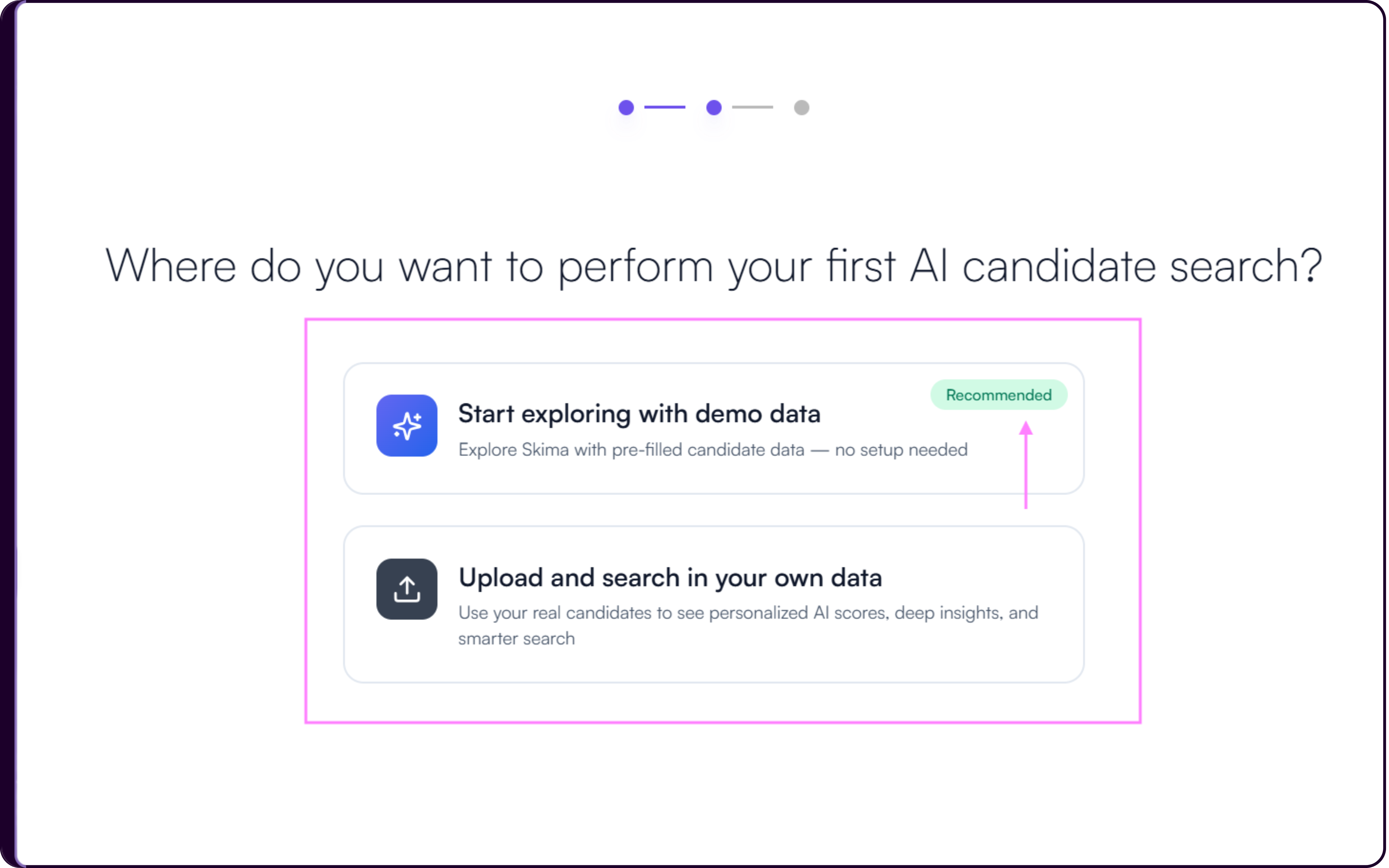 Screen asking whether to start exploring with demo data or upload and search your own data