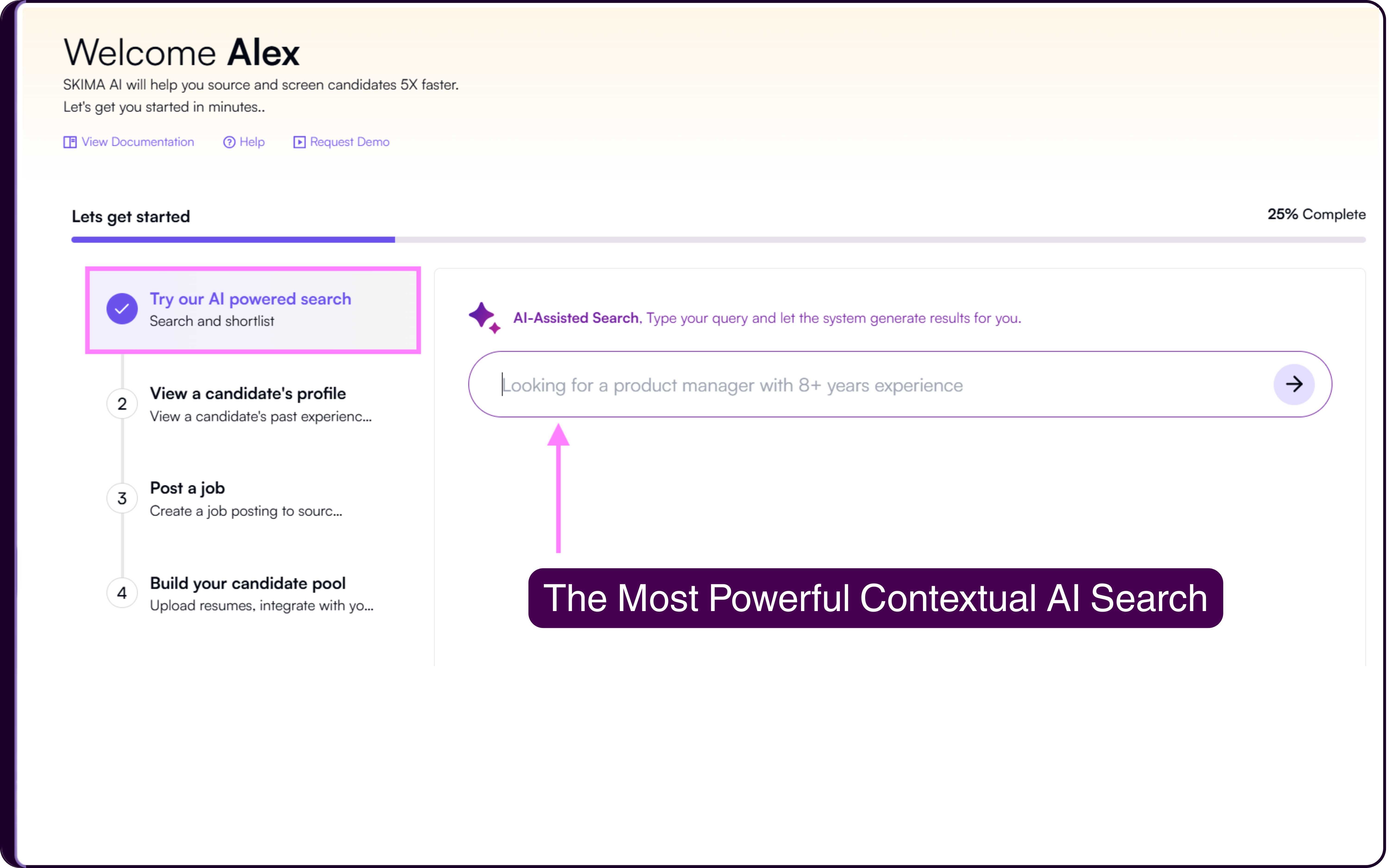 Skima AI dashboard showing the AI-Assisted Search section with search bar