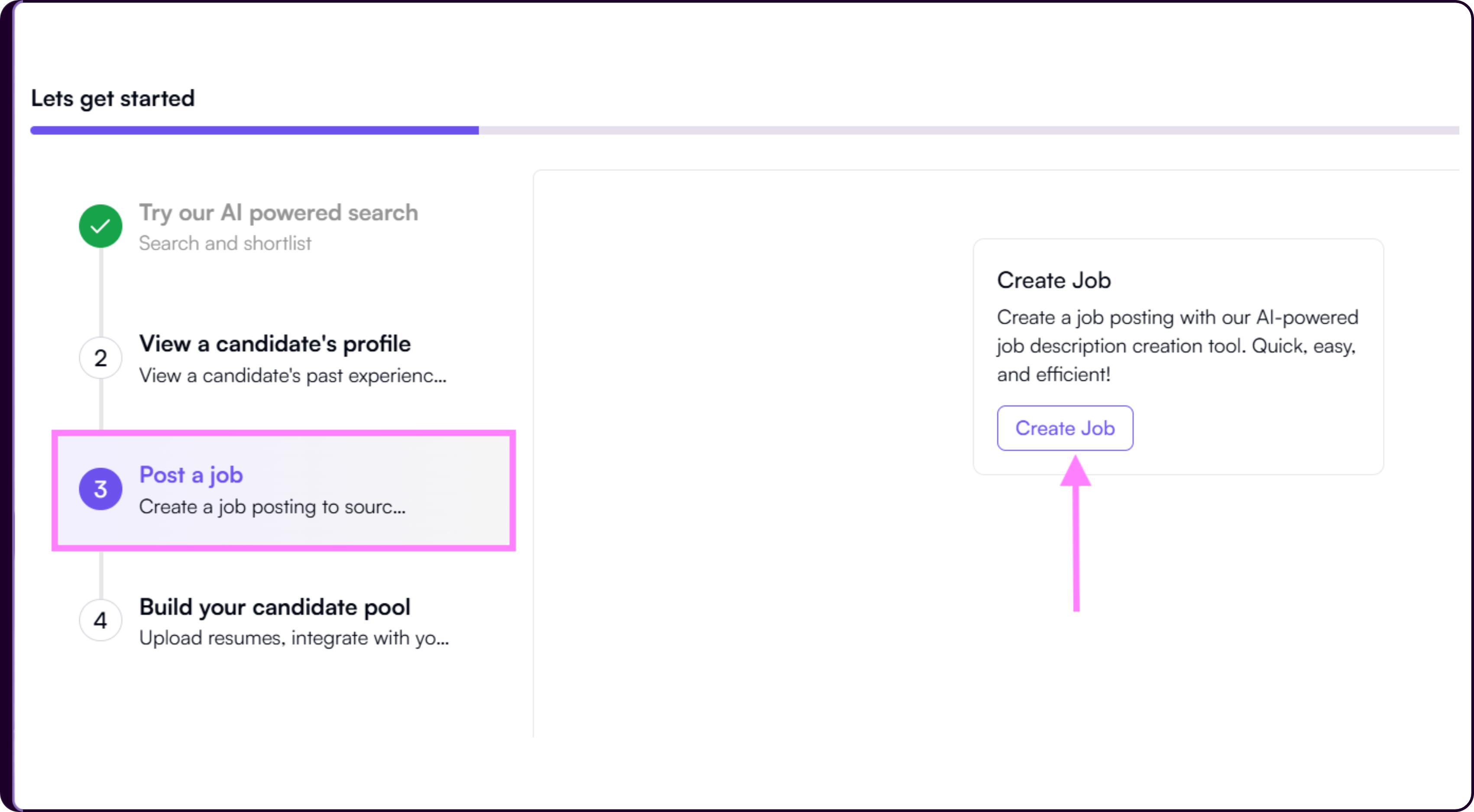 Dashboard showing the Create Job section with the Create Job button