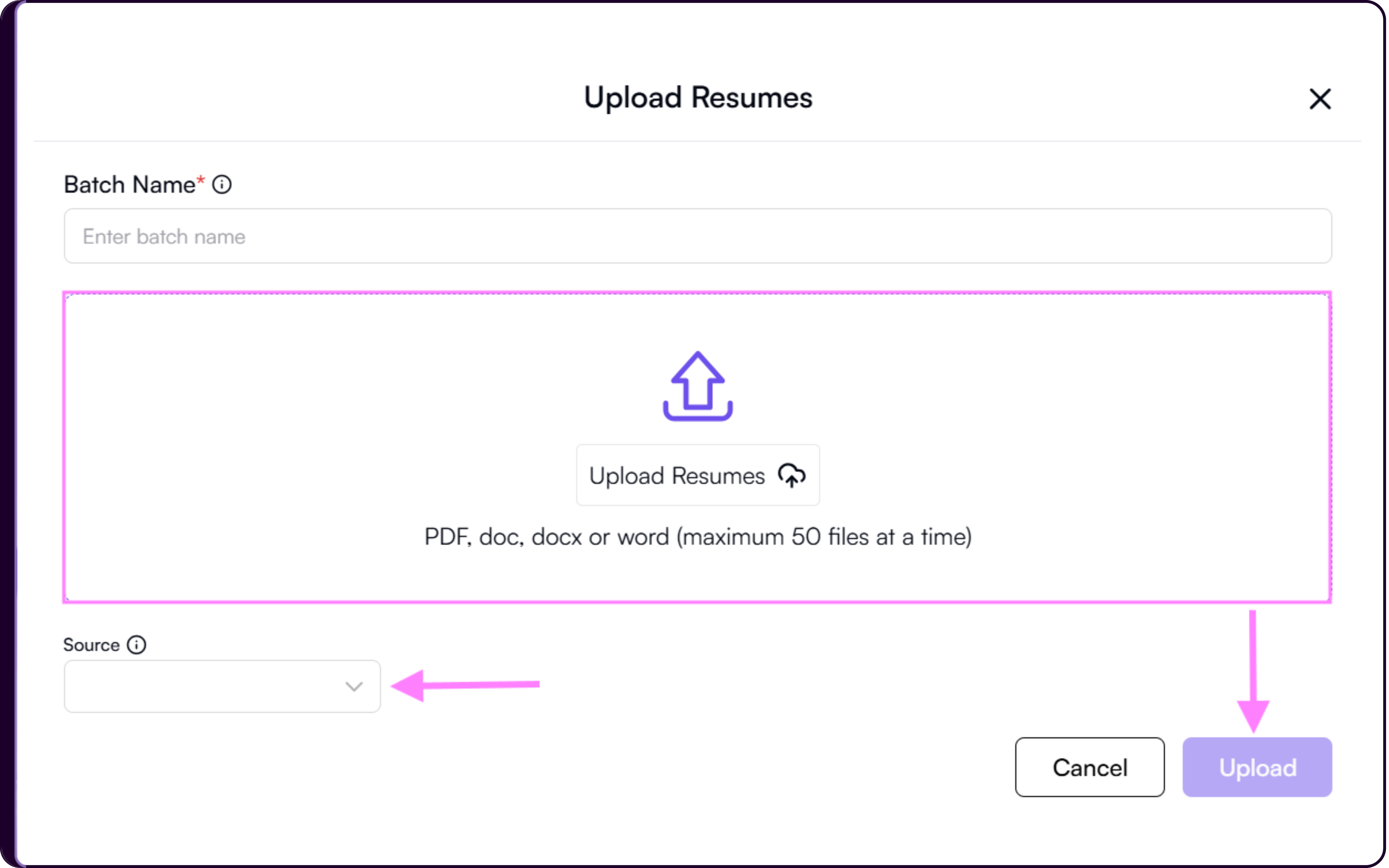 Upload Resumes modal showing batch name field and file selection for PDF, DOC, DOCX formats