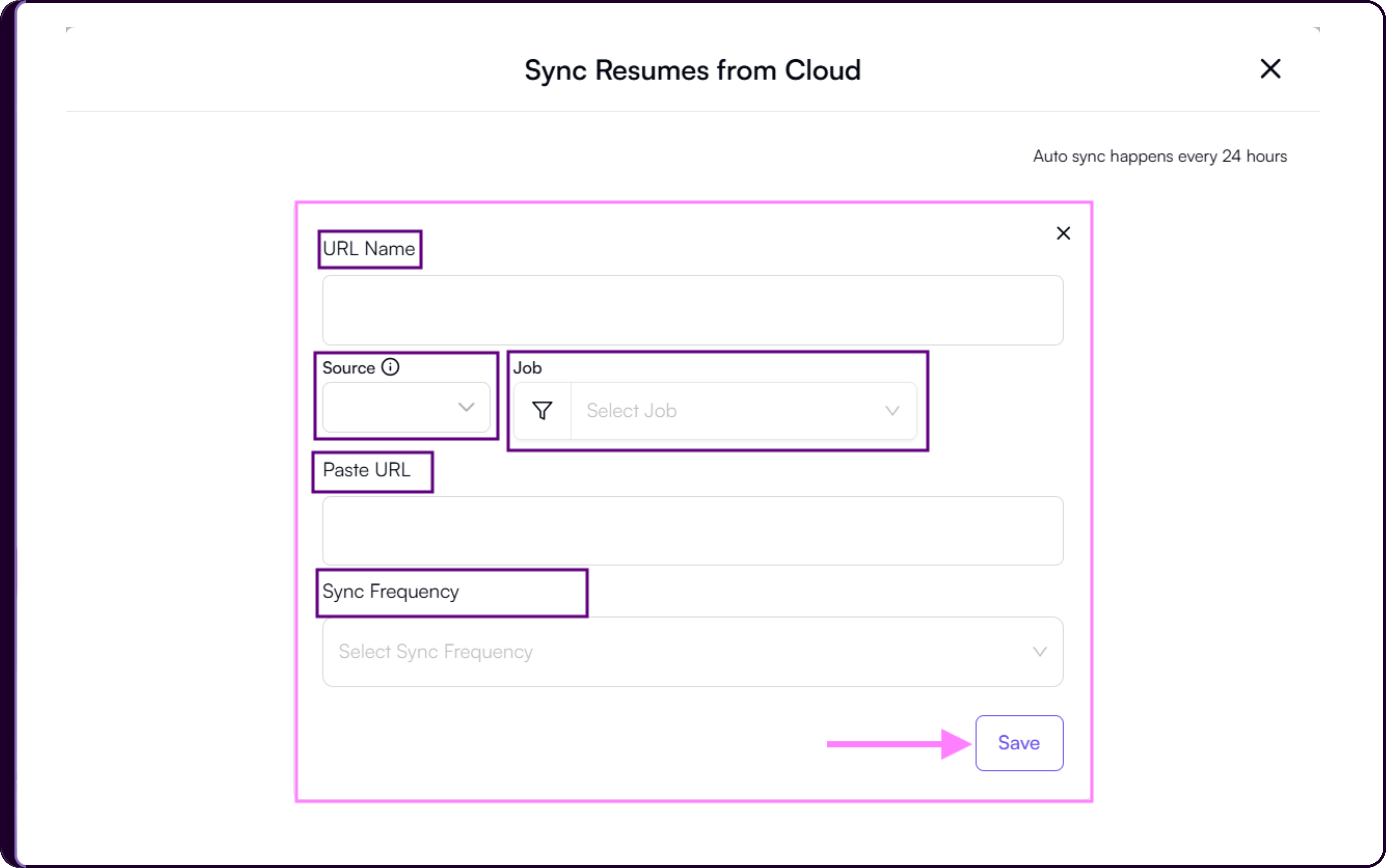 Sync Resumes from Cloud modal showing URL, source, job selection, and sync frequency configuration options