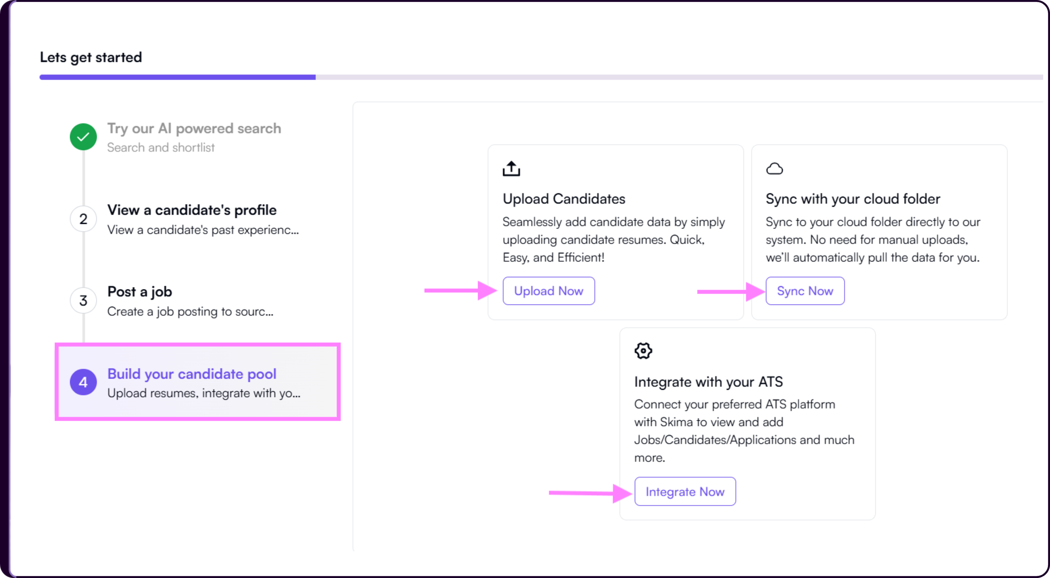 Dashboard showing three candidate pool building options: Upload Candidates, Sync with Cloud Folder, and ATS Integration