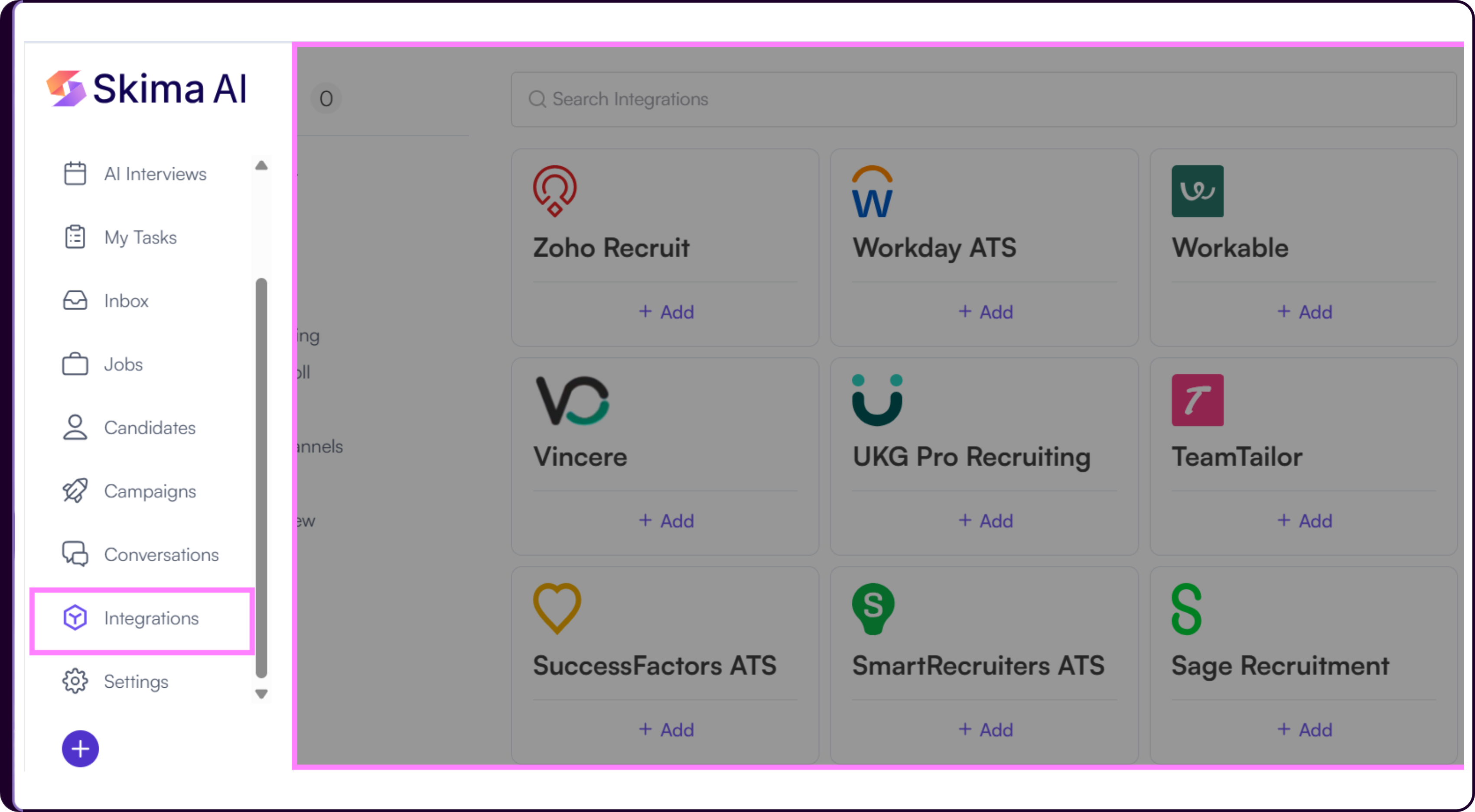 Skima AI left sidebar showing the Integrations navigation option