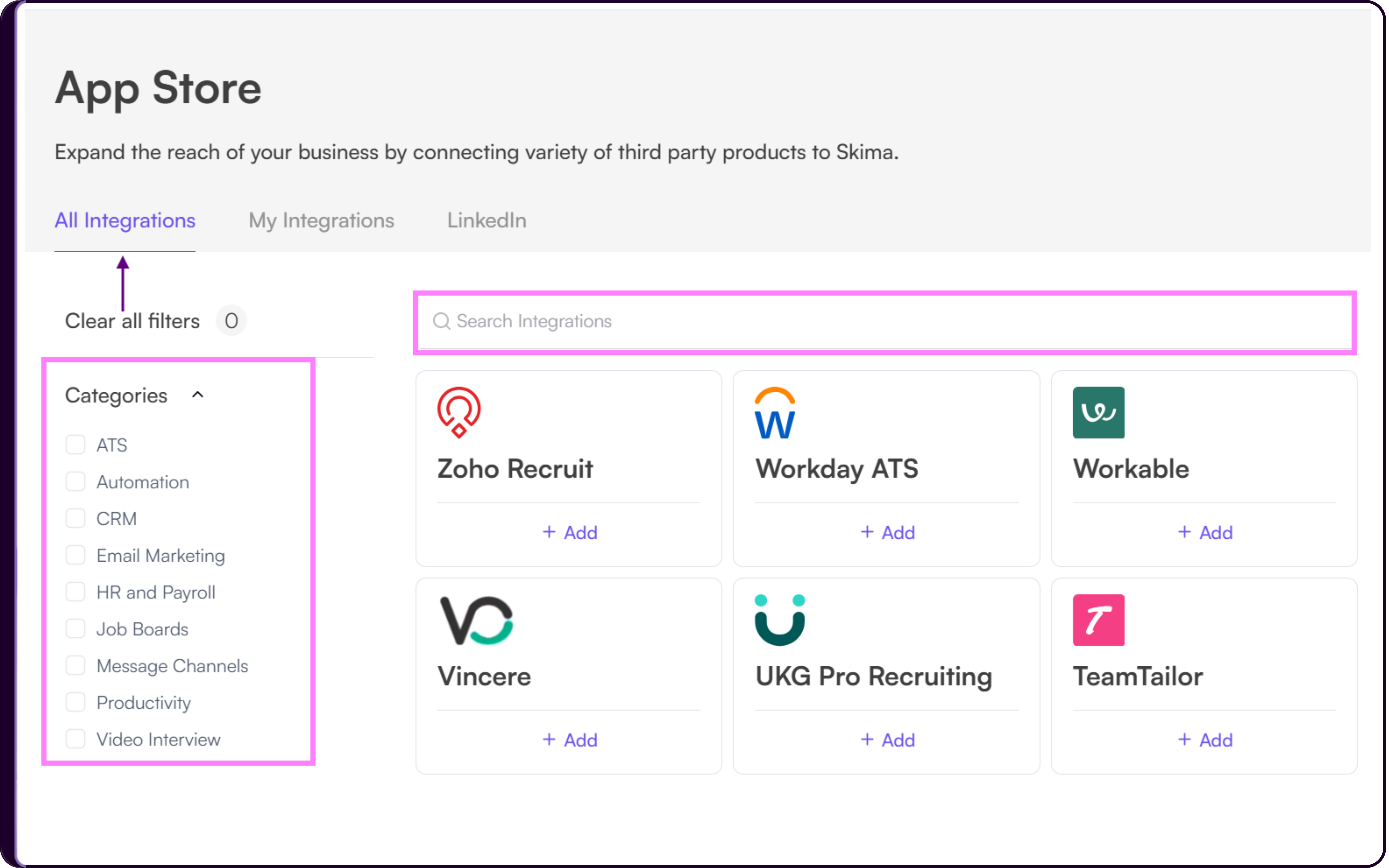 ATS integration search and category browse showing Popular ATS options like Greenhouse, Lever, and Workday