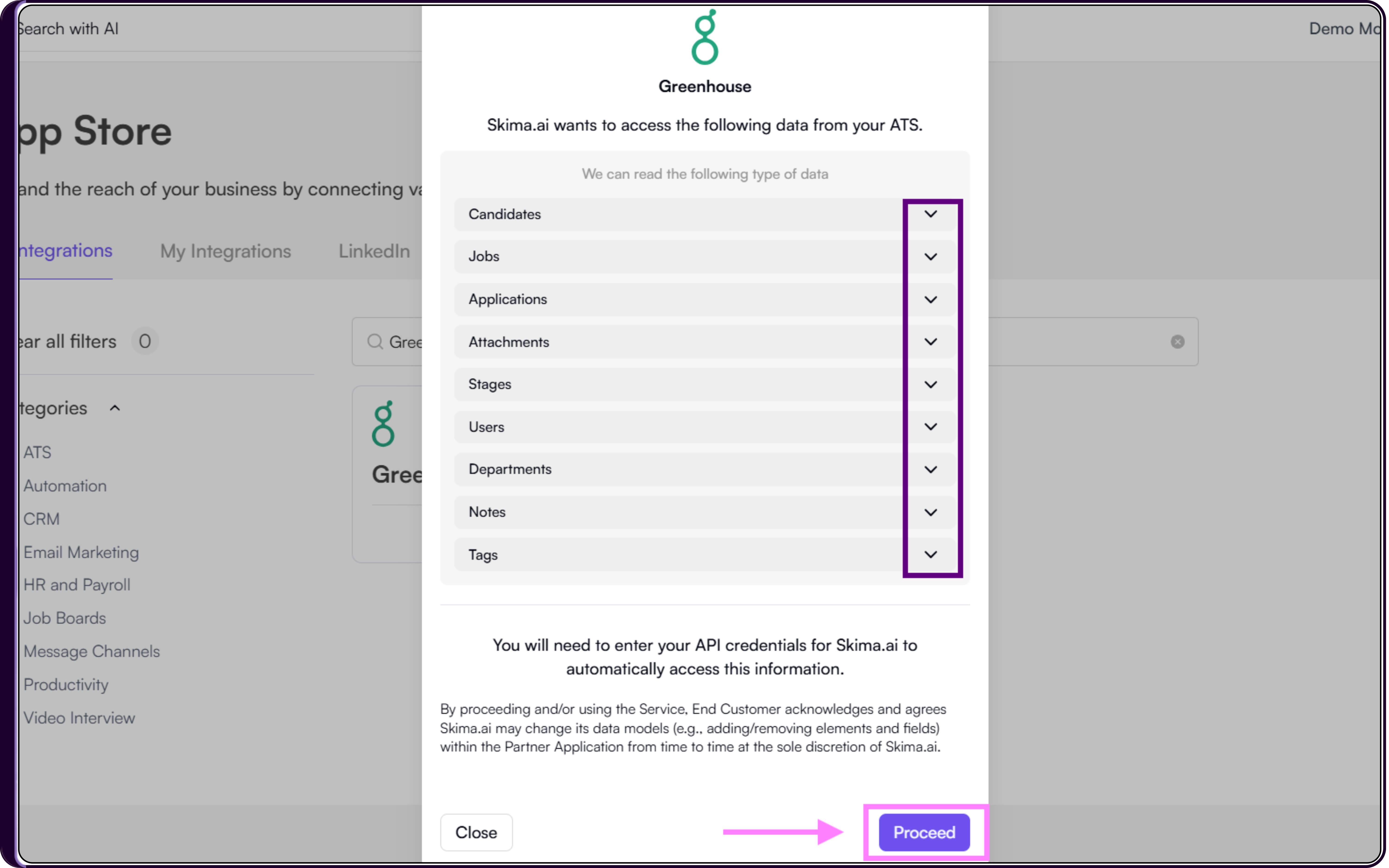 ATS integration permissions popup showing required data access details with Proceed button