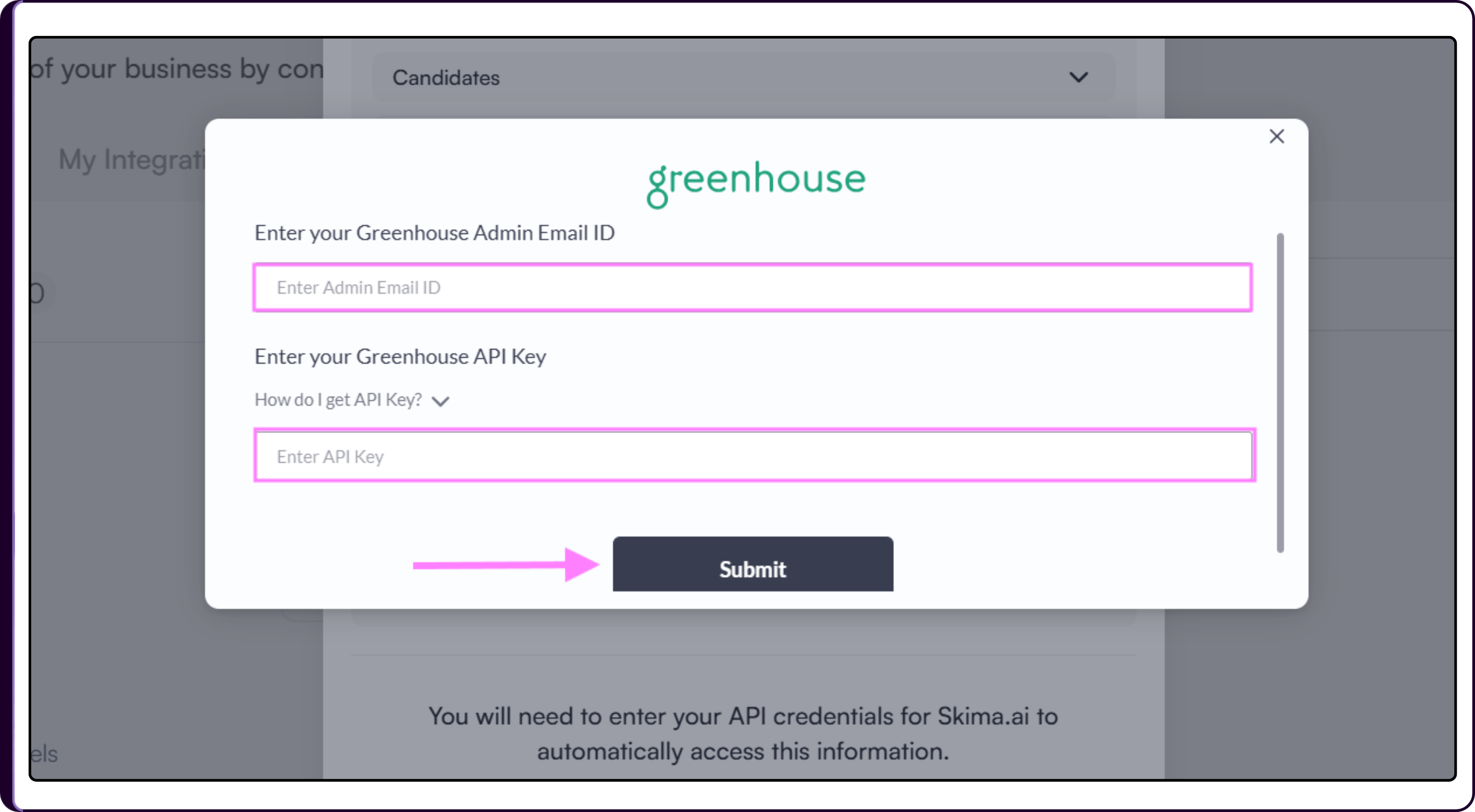 ATS credentials entry screen showing fields for username, password, API key, or OAuth authentication