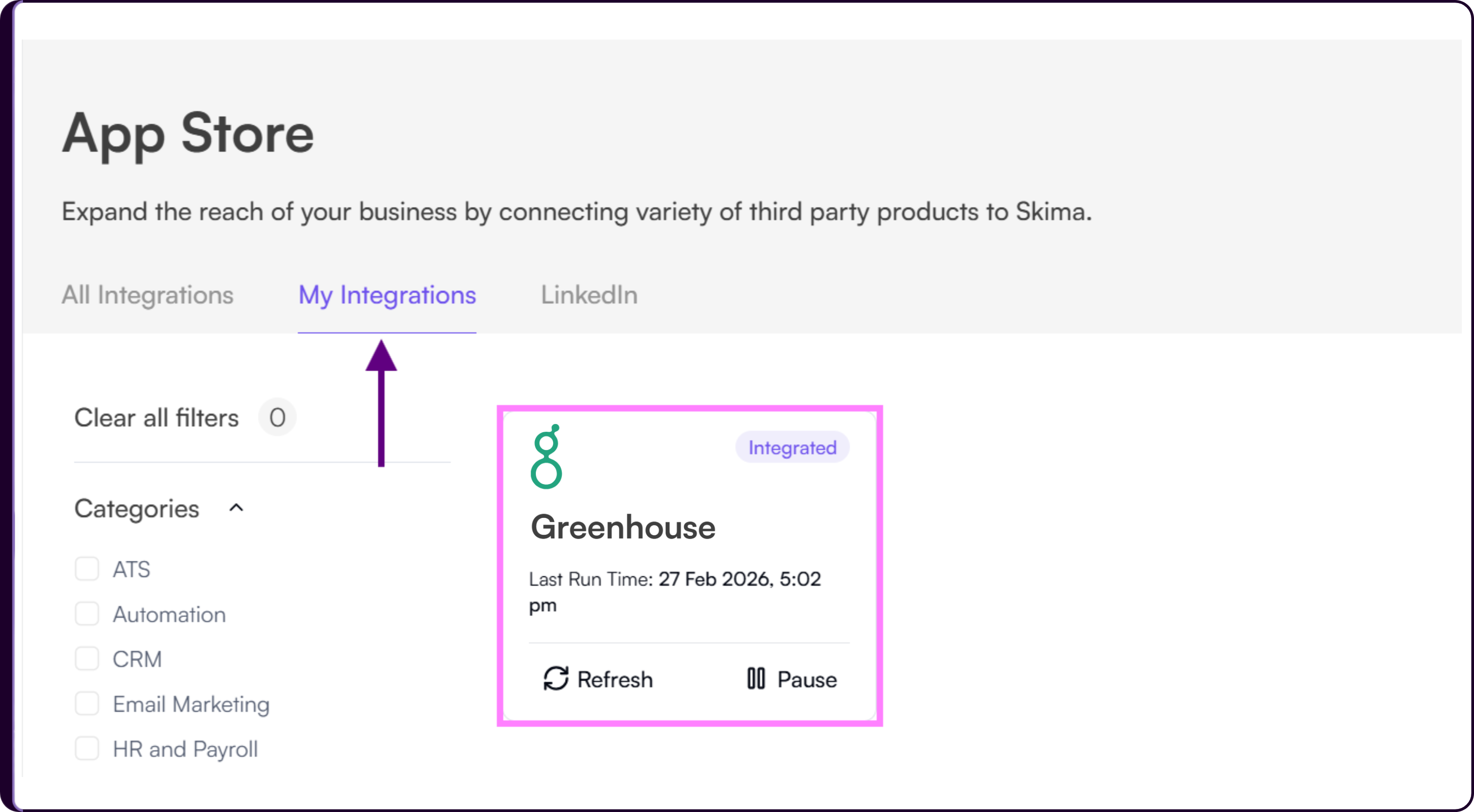 My Integrations tab showing connected ATS with sync status information