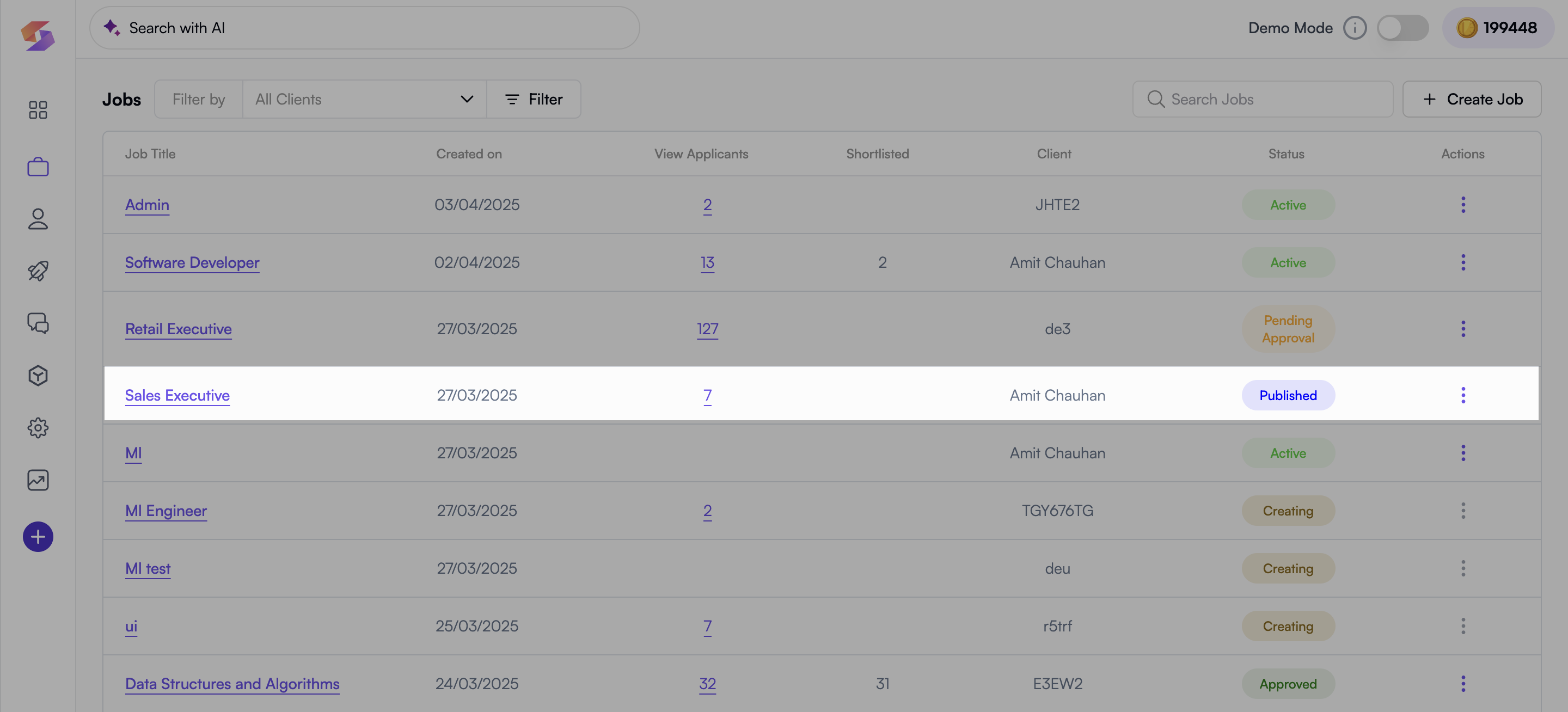 Jobs list showing job titles with action options for candidate matching