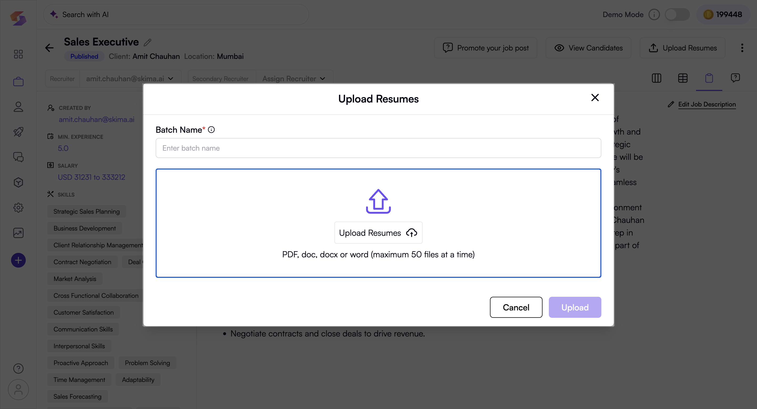 Upload Resumes modal showing batch name field and file selection for local candidate database