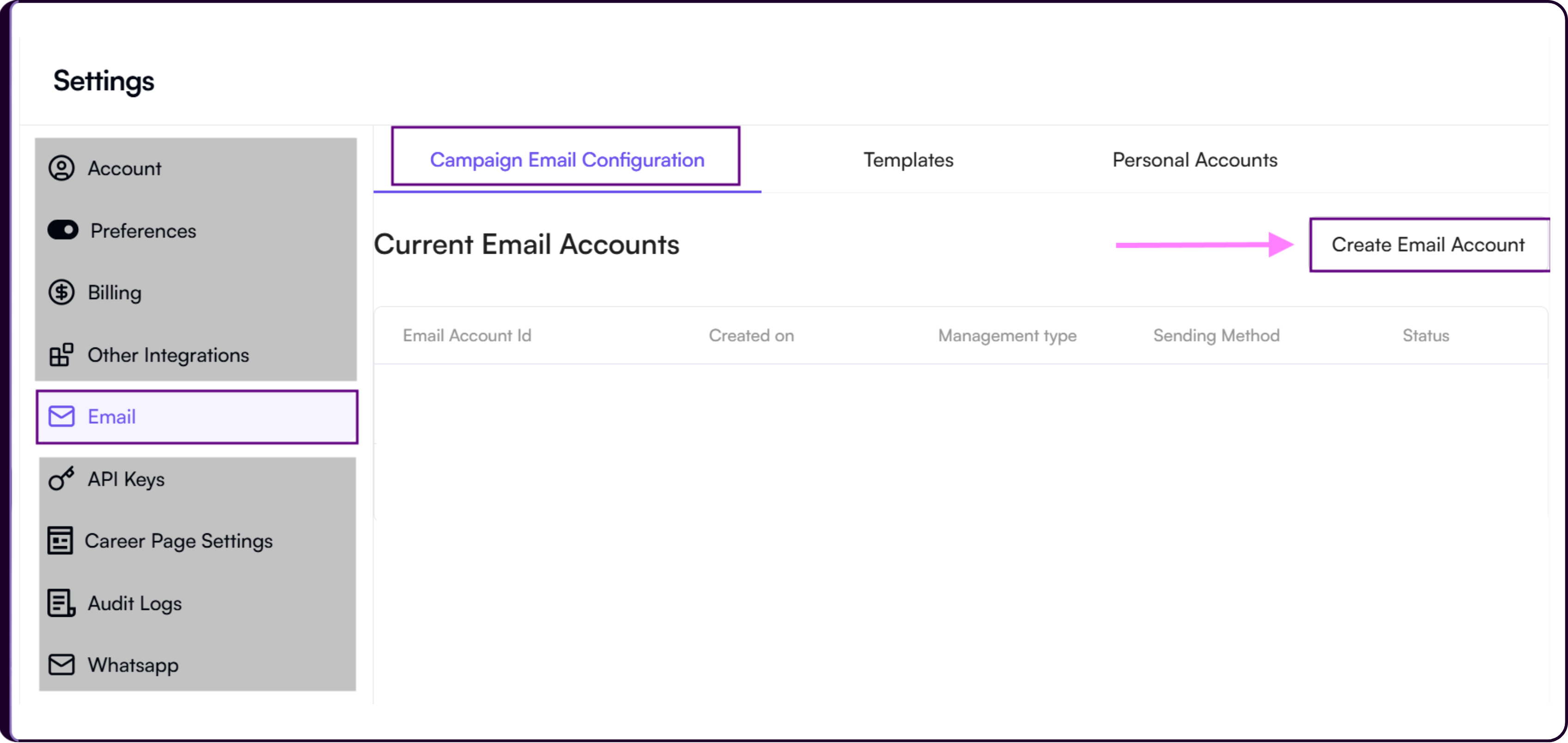 Campaign Email Configuration settings showing the Create Email Account button