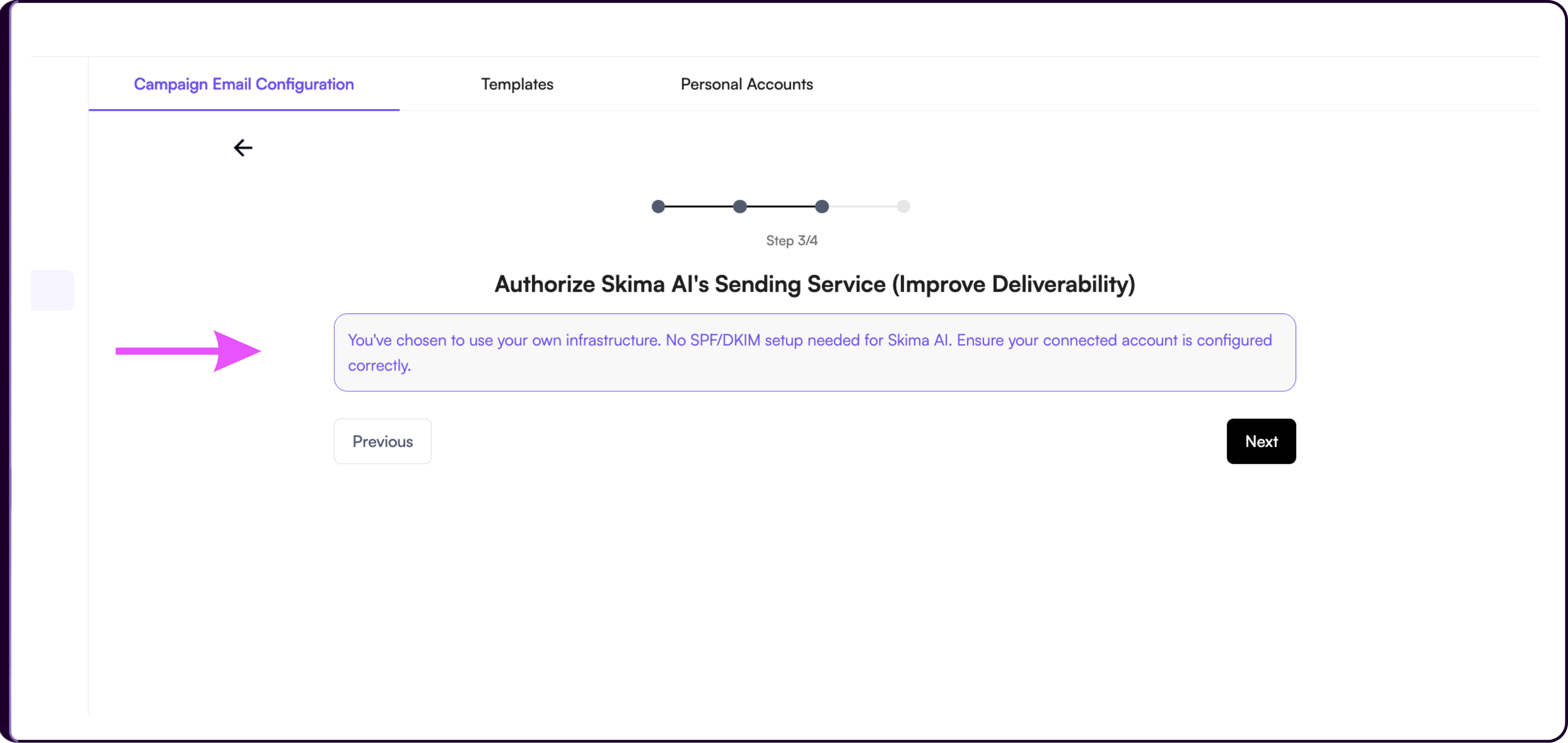 SMTP authorization confirmation step showing Skima AI will use your own sending infrastructure