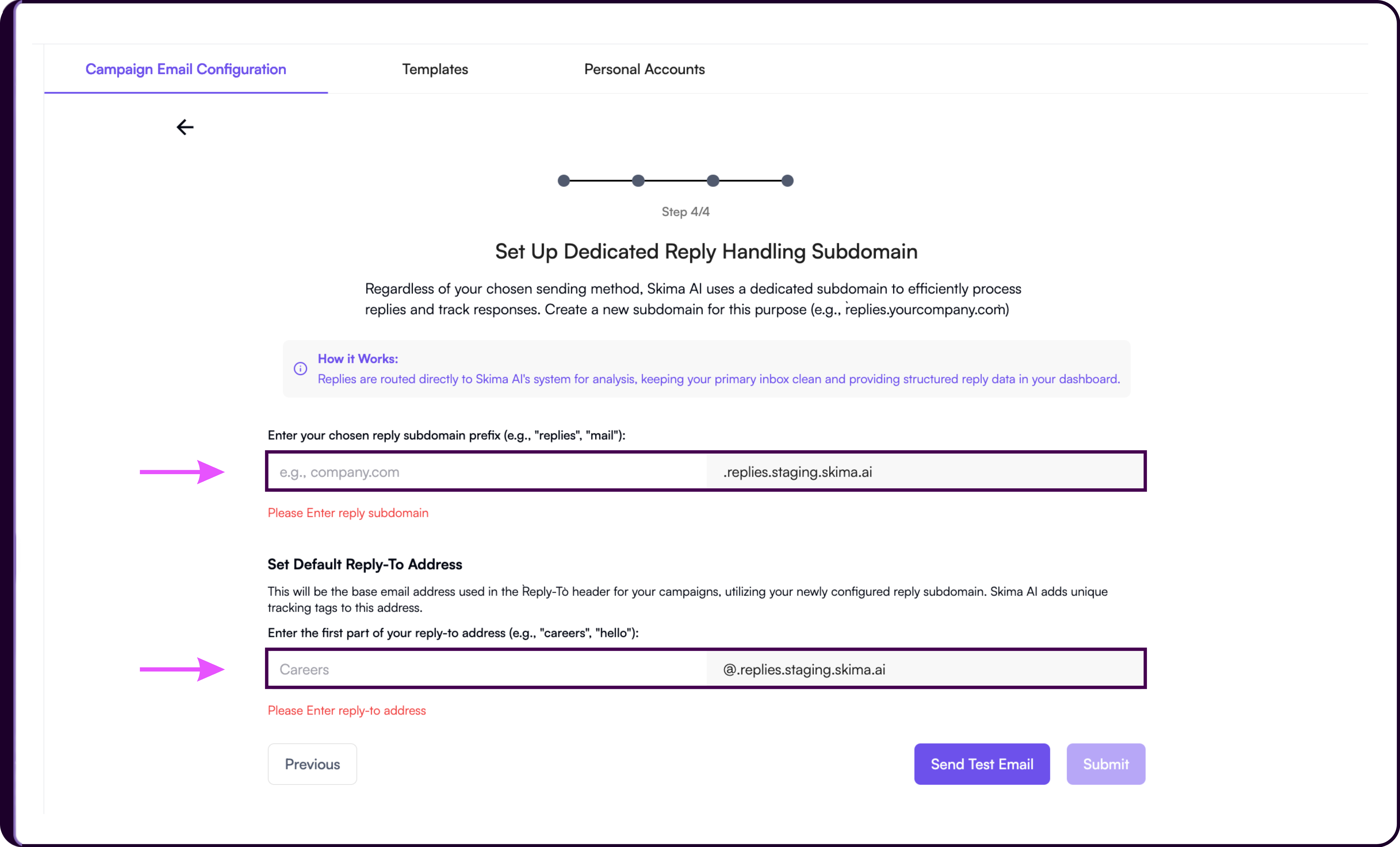 Reply handling configuration form with reply subdomain and reply-to address fields