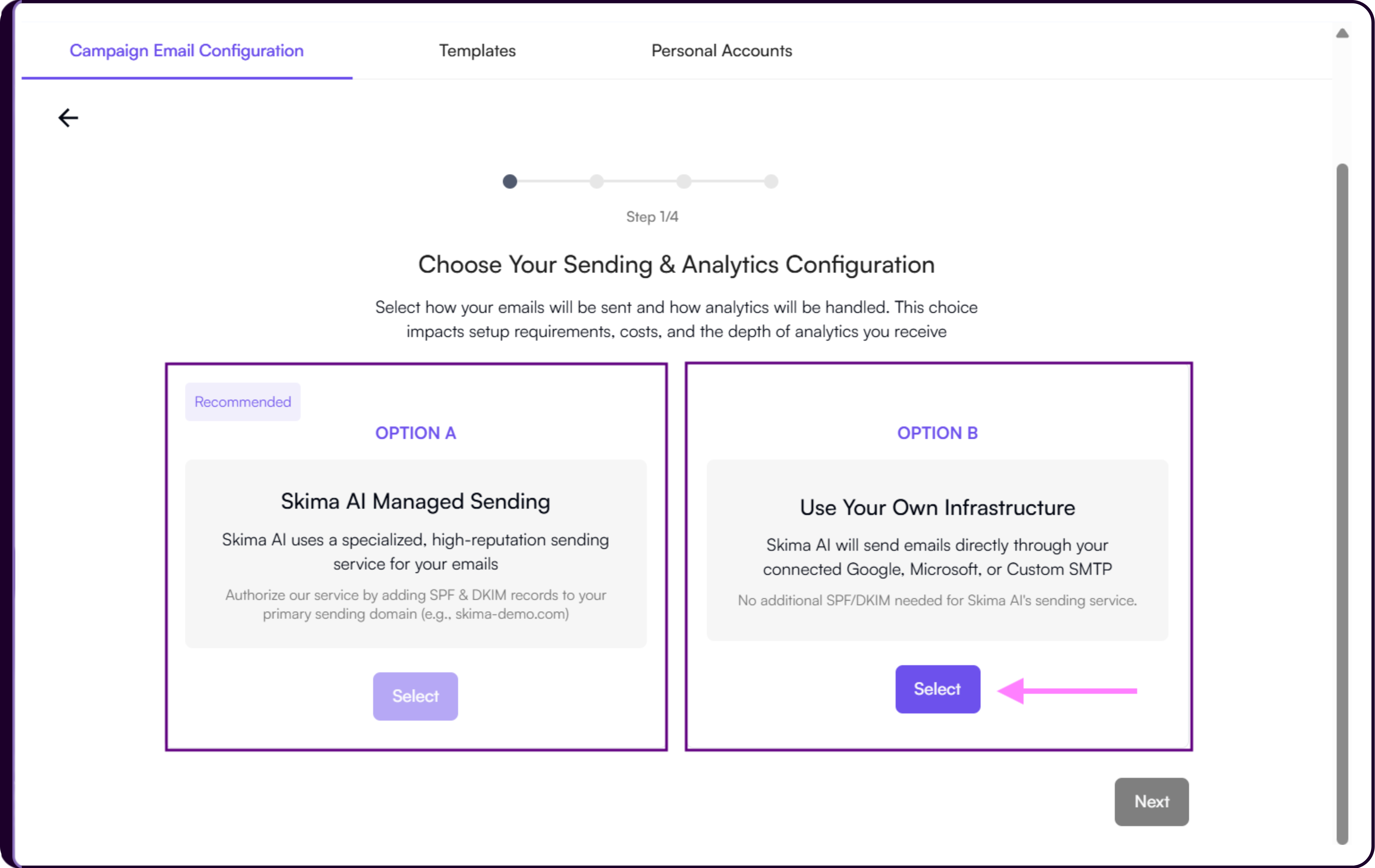 Email sending configuration options including Skima AI Managed Sending, Google Workspace, Microsoft Outlook, and Custom SMTP