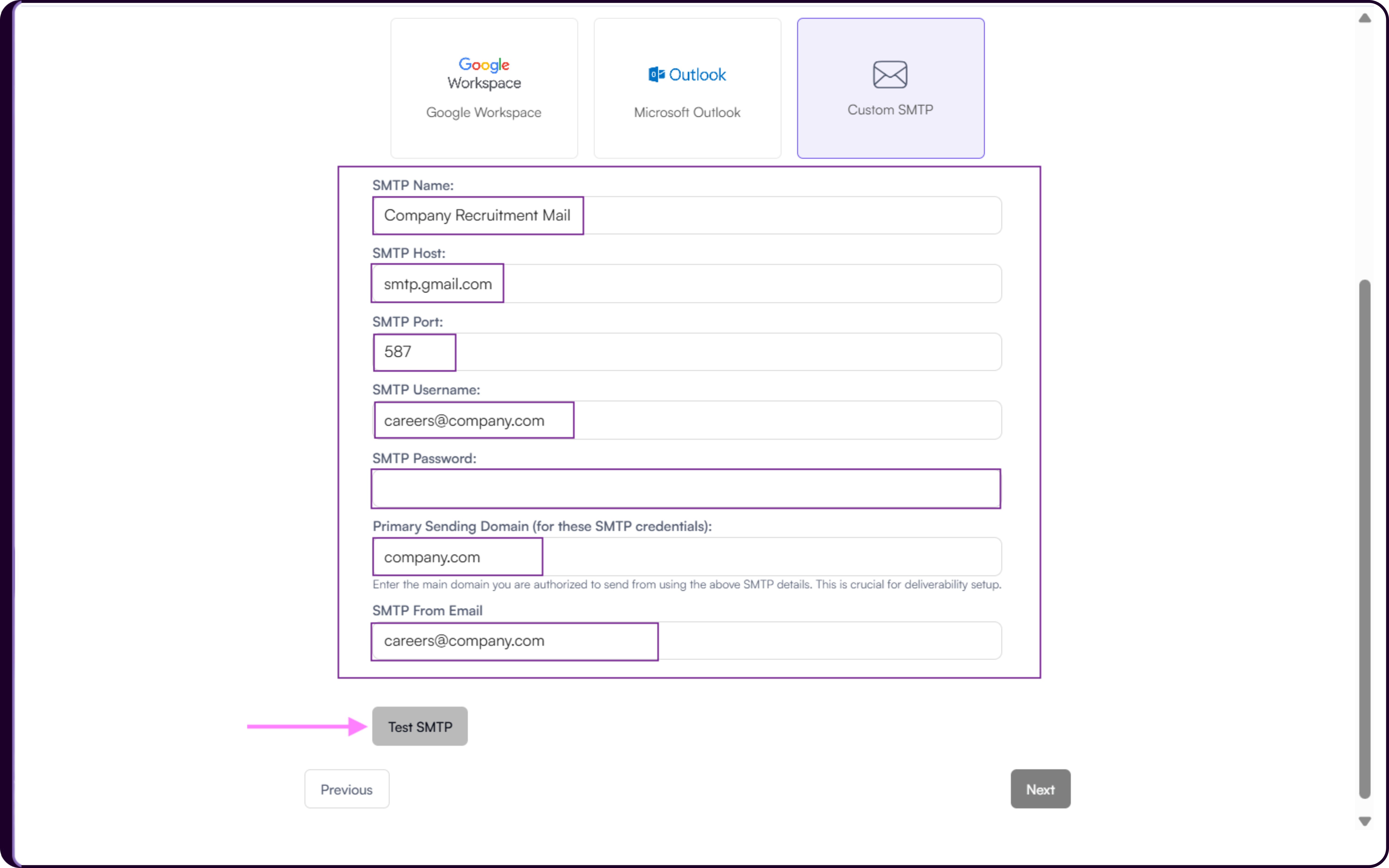 Custom SMTP configuration form with fields for SMTP name, host, port, username, and password
