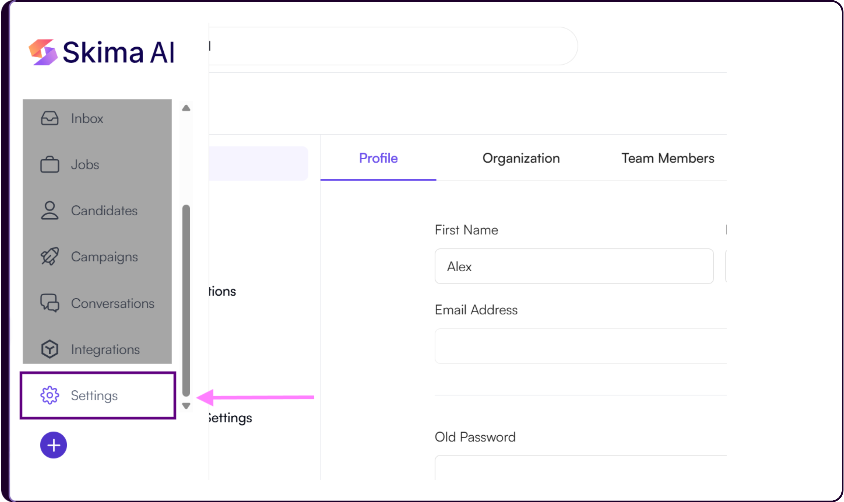 Skima AI Settings page accessible from the left sidebar navigation