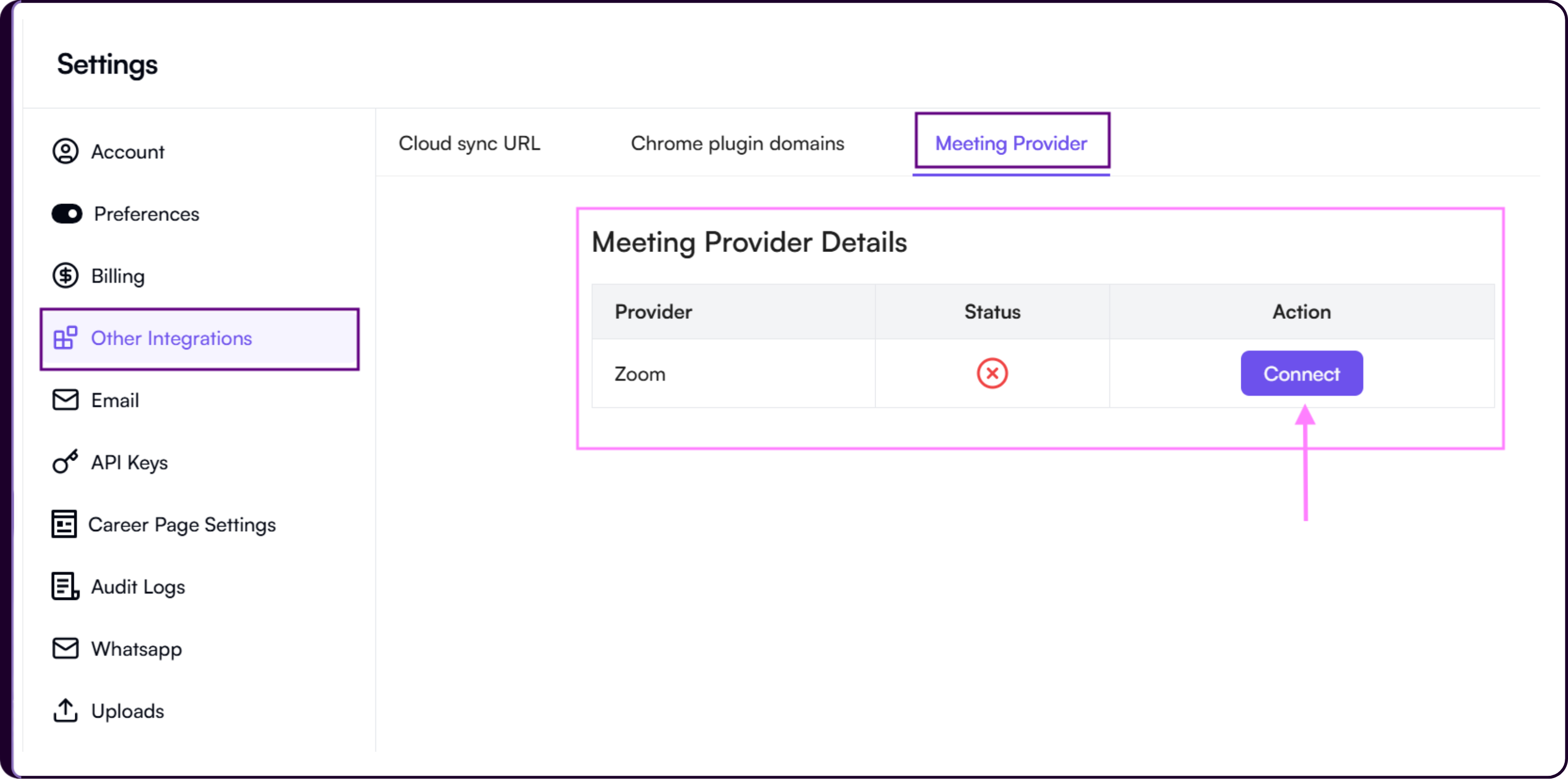 Other Integrations settings showing Zoom under the Meeting Provider section with Connect button
