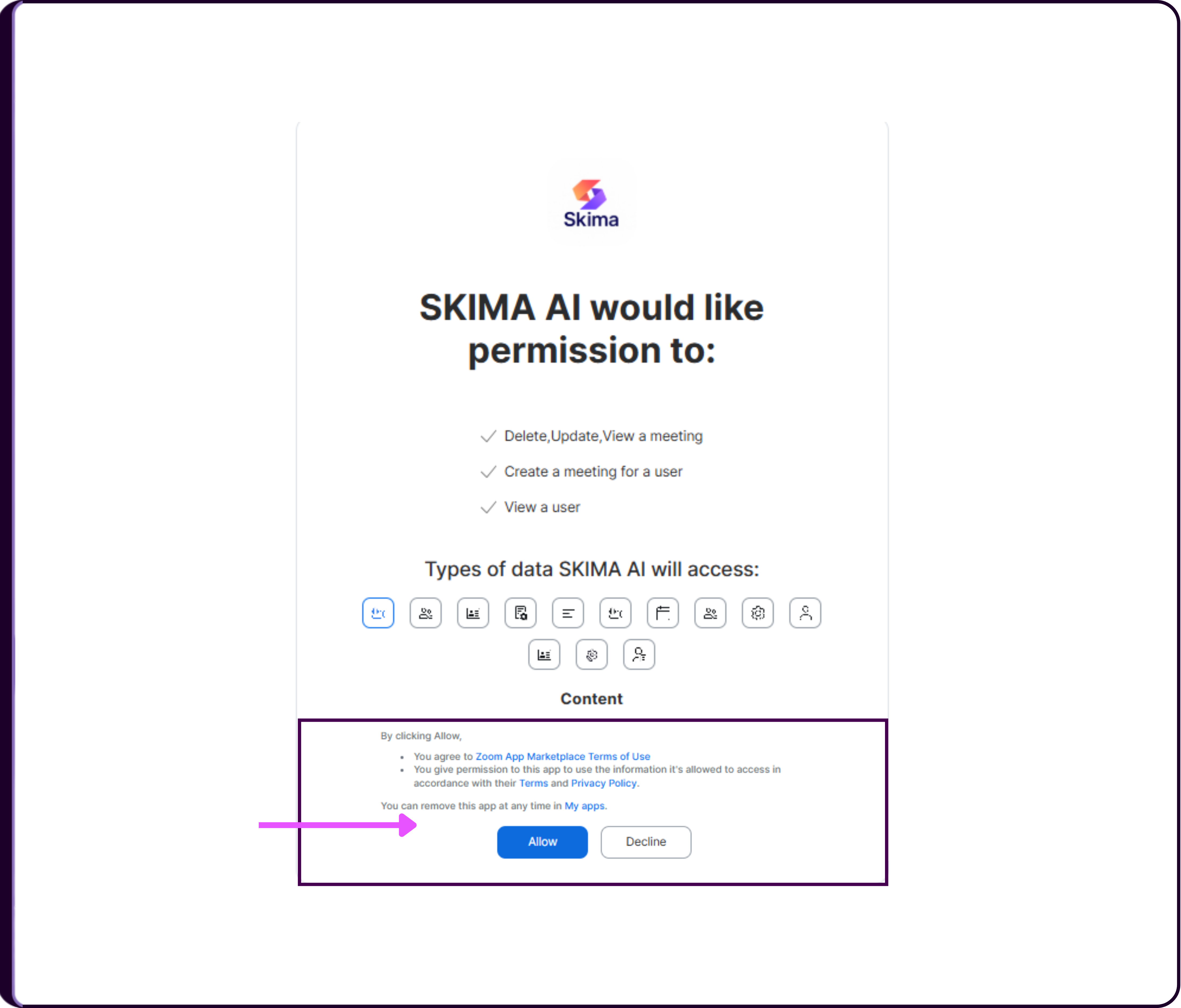 Zoom permissions screen showing Skima AI access requests to create meetings and view user with Allow button
