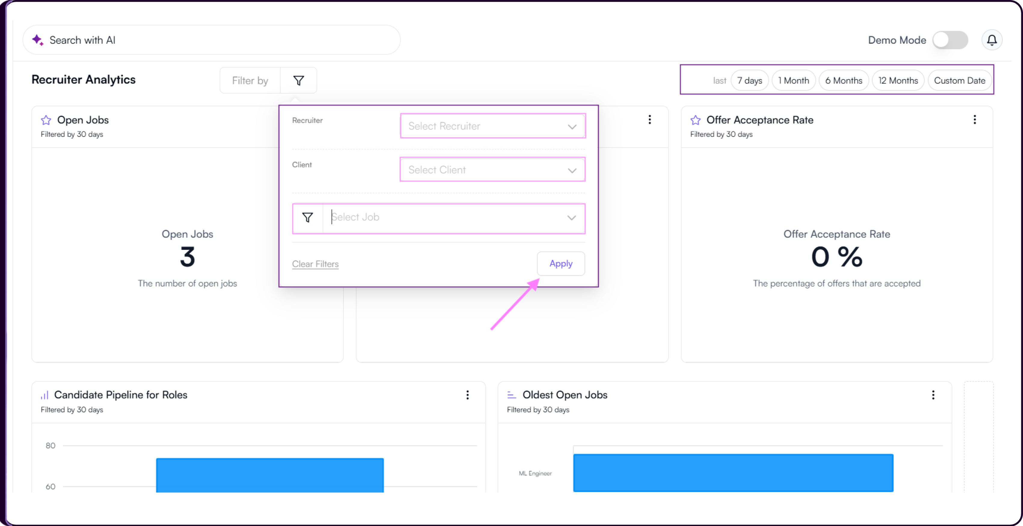 Analytics board showing Filter by dropdown with options to filter data by Recruiter, Client, or Job