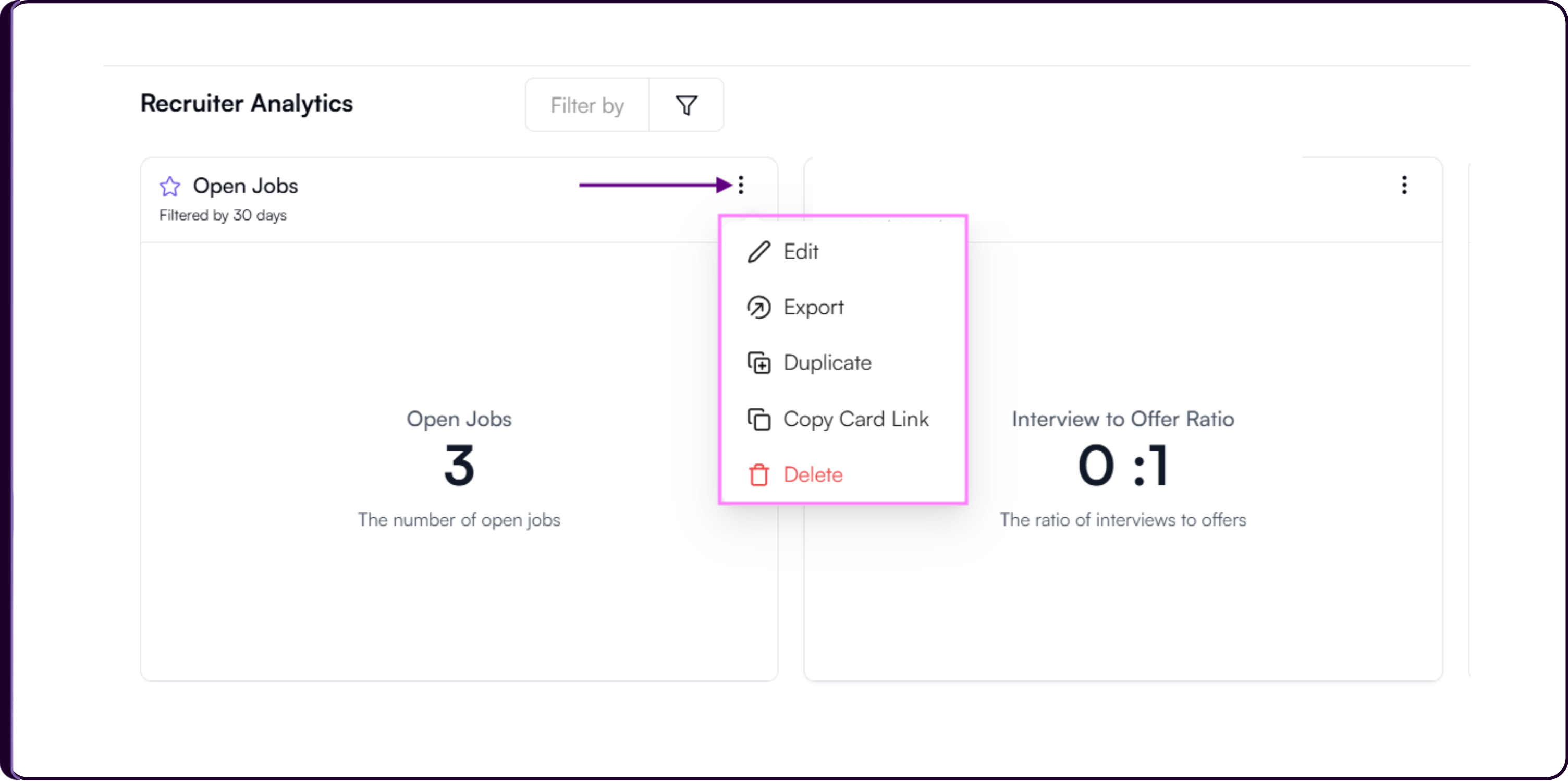 Analytics card three-dots menu showing Edit, Export, Duplicate, Copy Card Link, and Delete options
