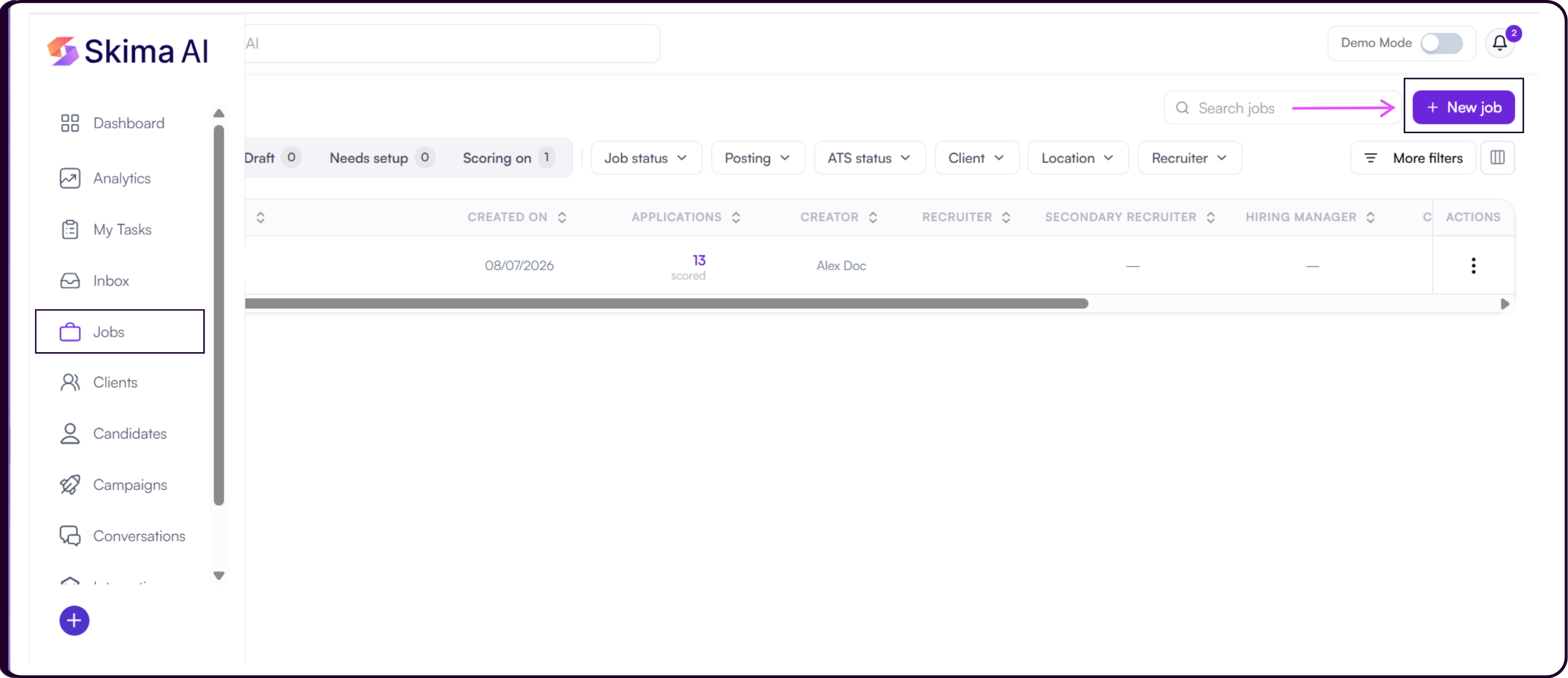 Jobs page with the '+ New job' button highlighted in the top-right corner