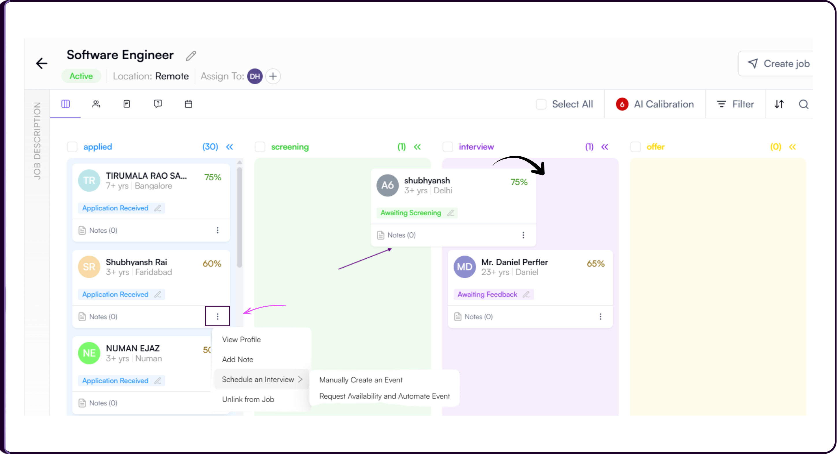 View Kanban board showing candidate cards organized in columns across hiring stages with drag-and-drop functionality and three-dots quick action menus