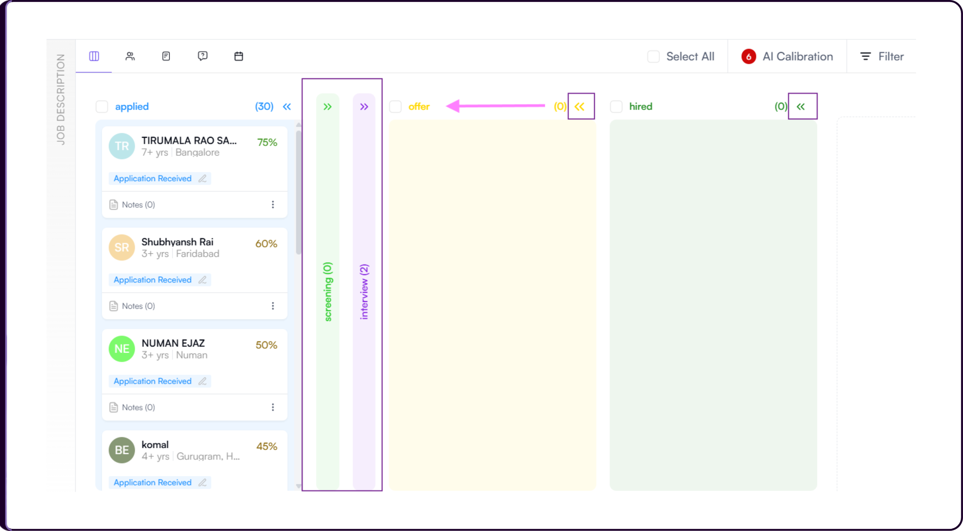 Kanban stage column showing the arrow icon in the top-right corner used to hide that recruitment stage from the board view