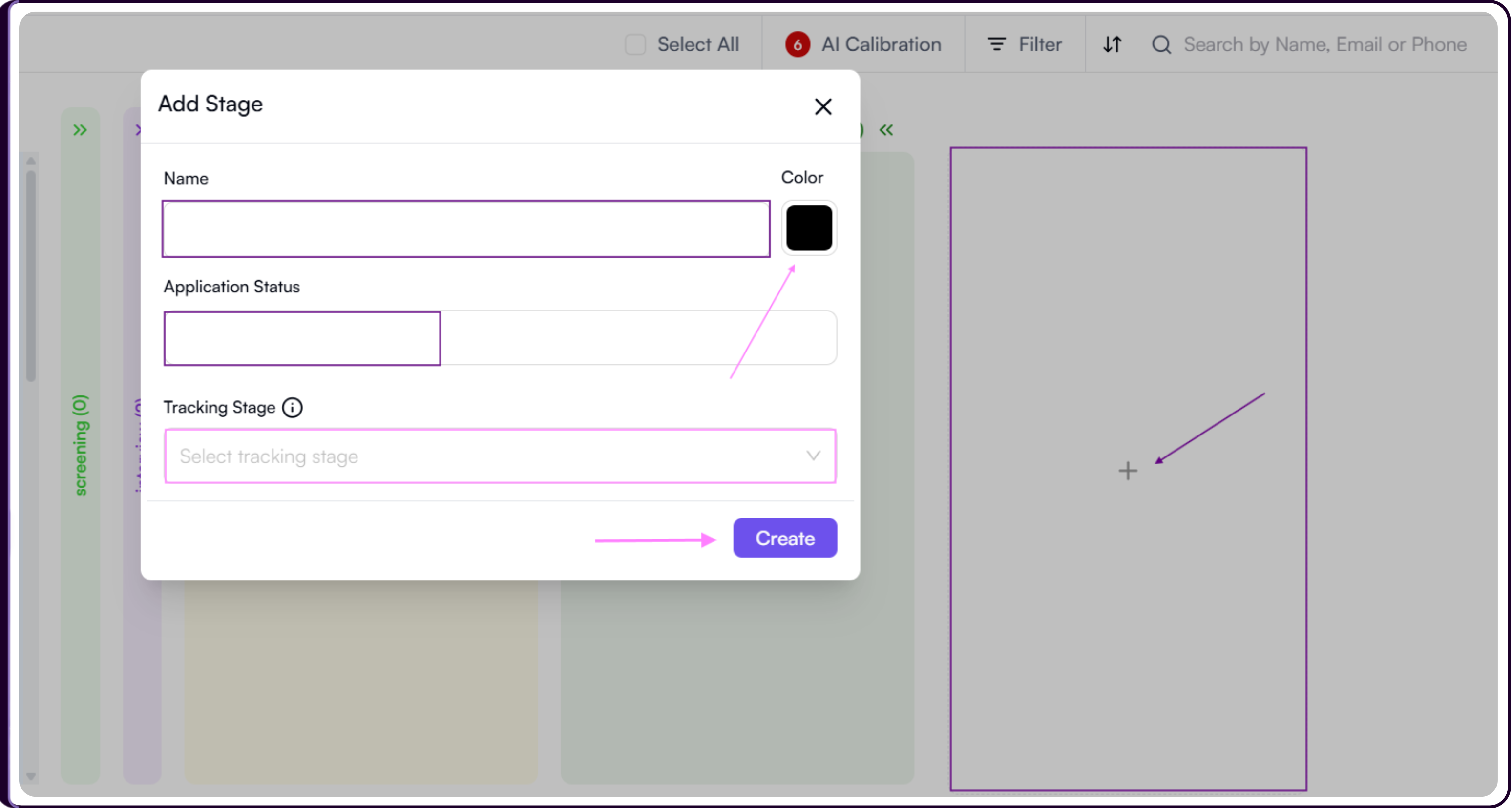 Add Stage modal showing fields for stage name, color, application status, and tracking stage for creating a custom recruitment workflow stage