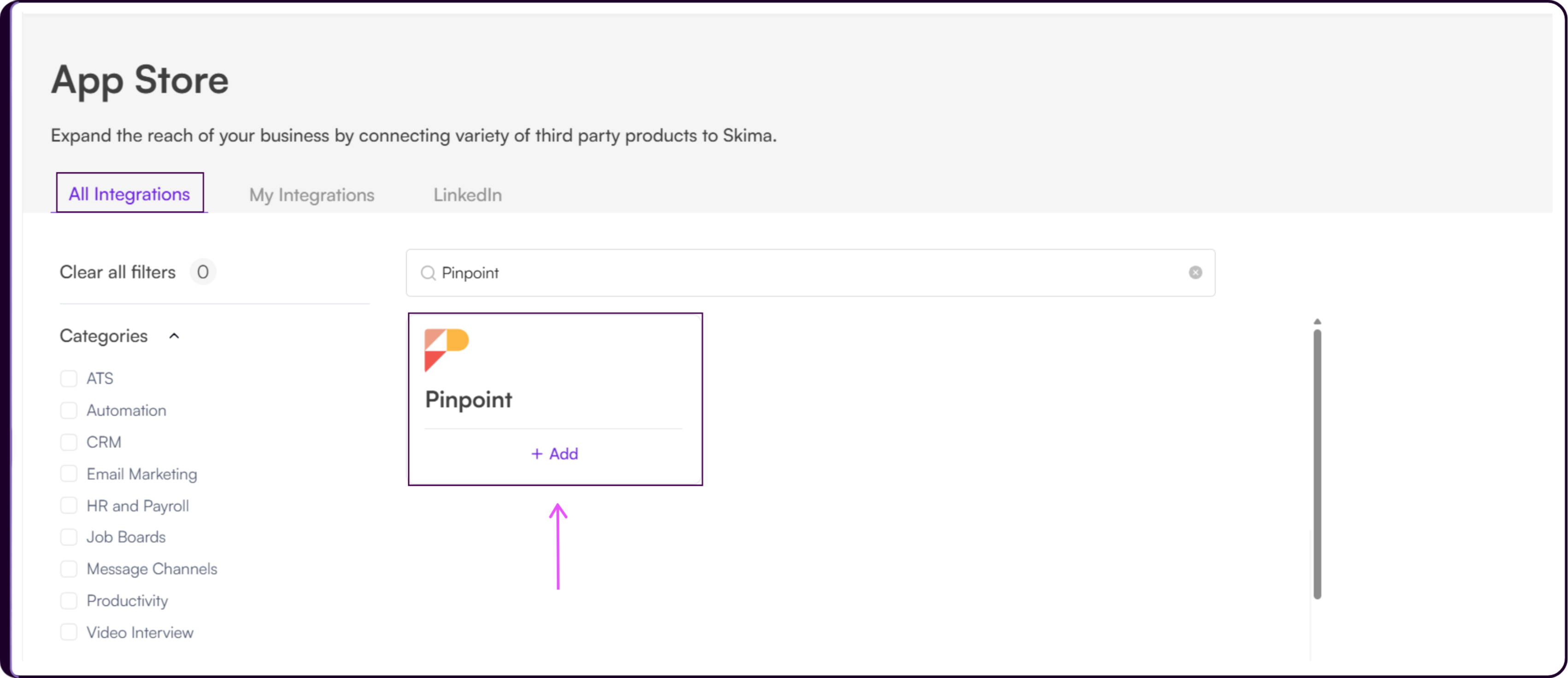 Skima AI App Store showing the Pinpoint integration card with the + Add button