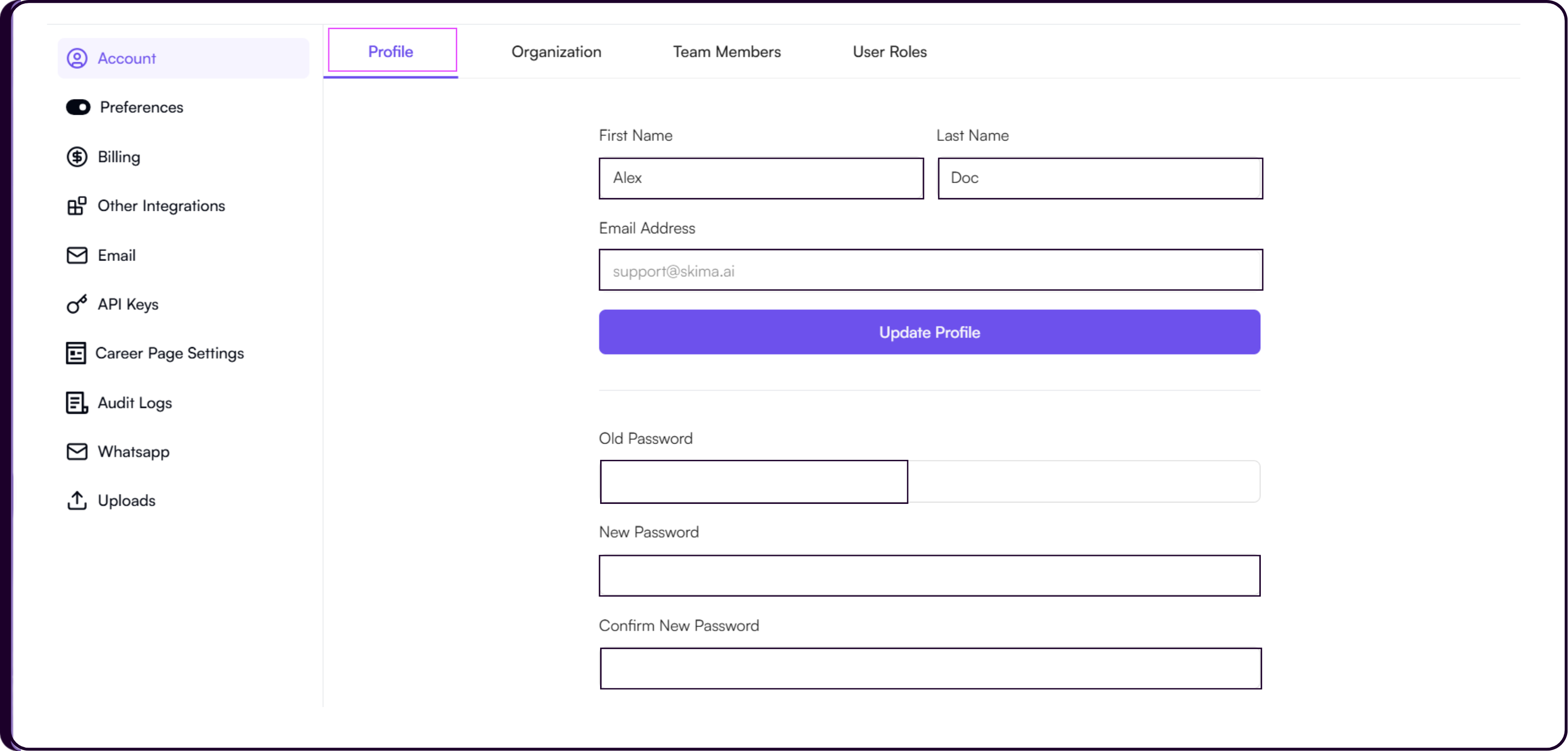 Profile settings page with fields for first name, last name, email address, and password update